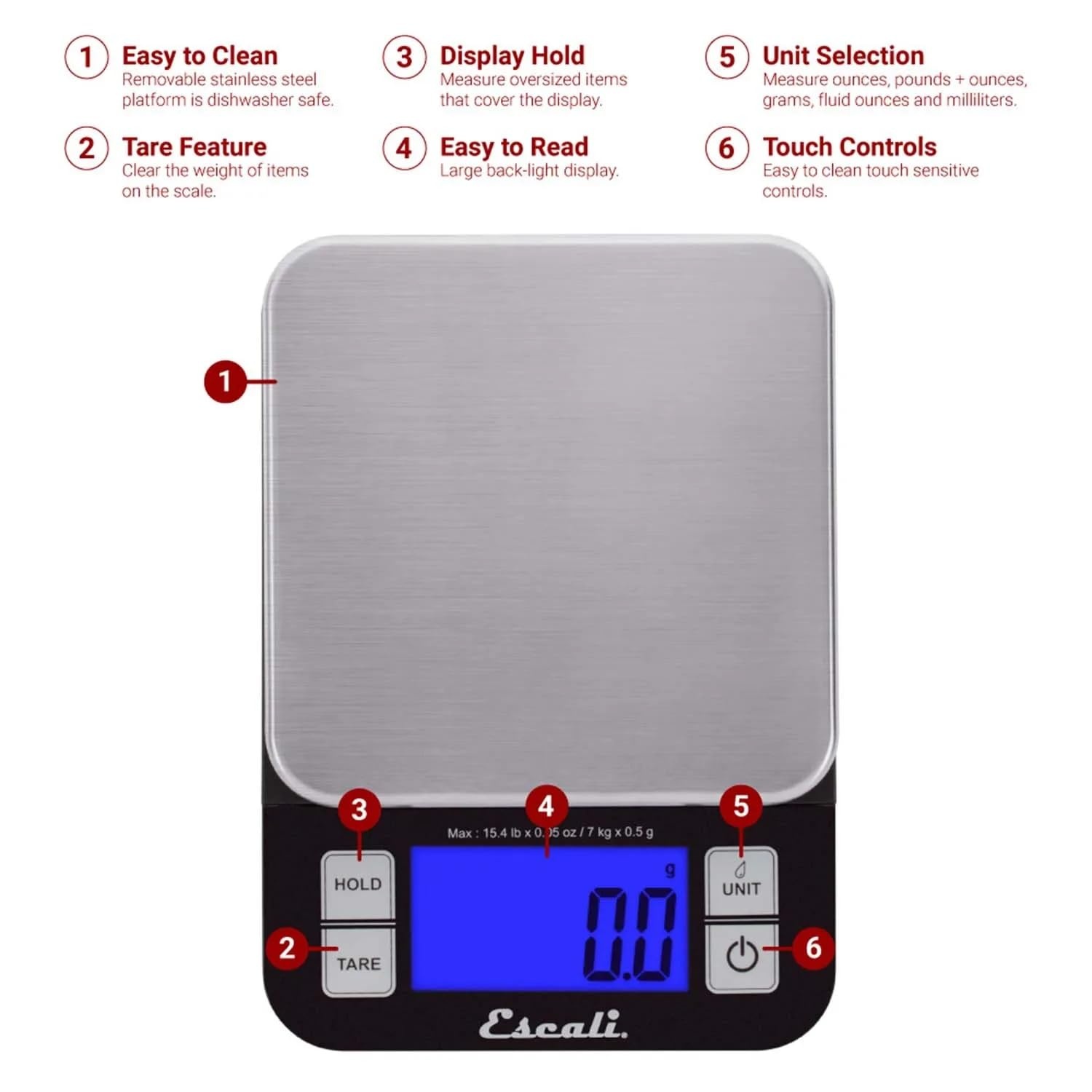 image:imageEscali Nutro Digital Food Scale MultiFunctional Kitchen Appliance Precise Weight Measuring and Portion Control Baking and Cooking Made Simple Stainless Steel Platform Black 1 UnitBlack