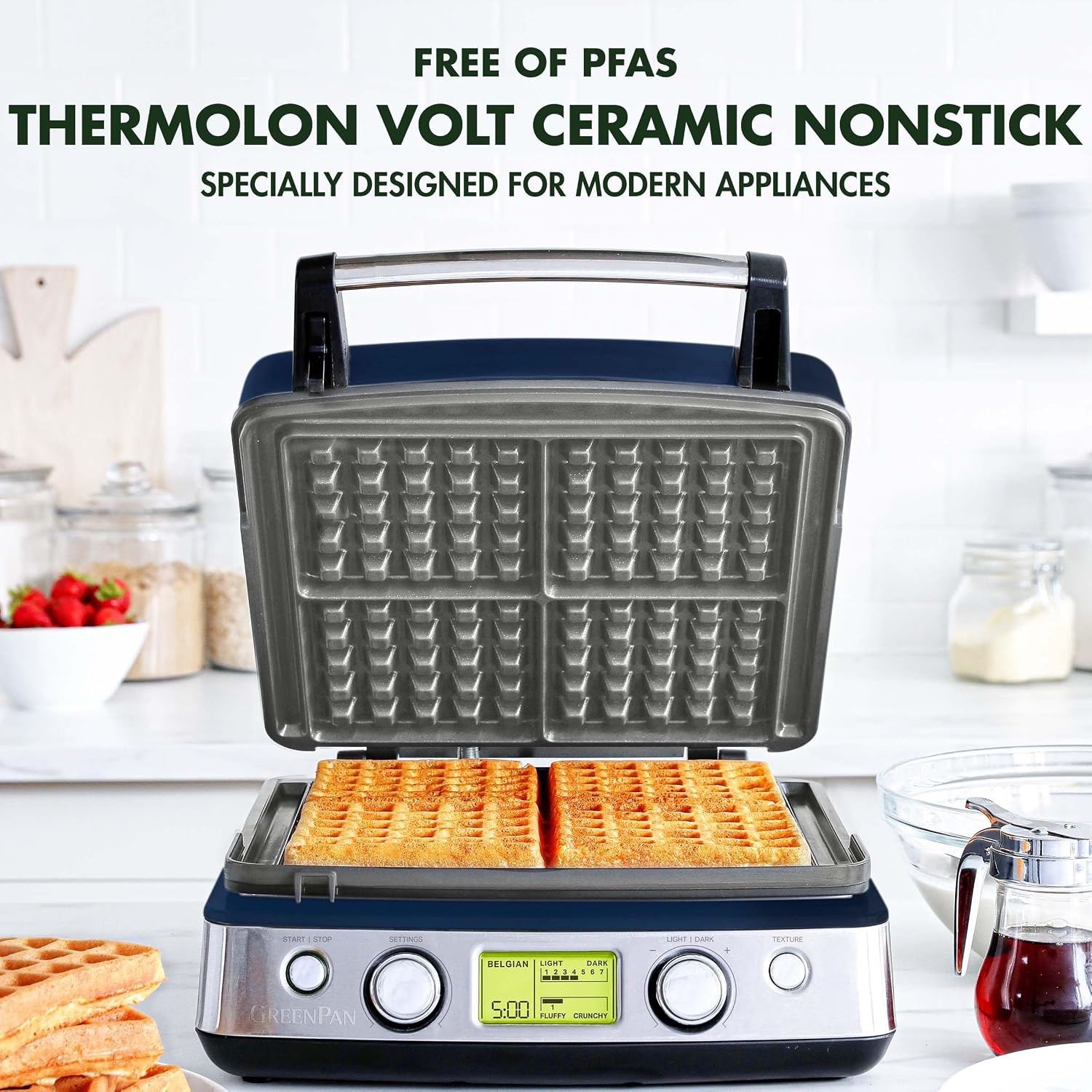 image:imageGreenPan Elite 4Square Belgian amp Classic Waffle MakerHealthy Ceramic Nonstick Dishwasher Safe Plates Adjustable ShadeCrunch Control Wont Overflow Easy Cleanup Breakfast PFASFree WhiteCream White