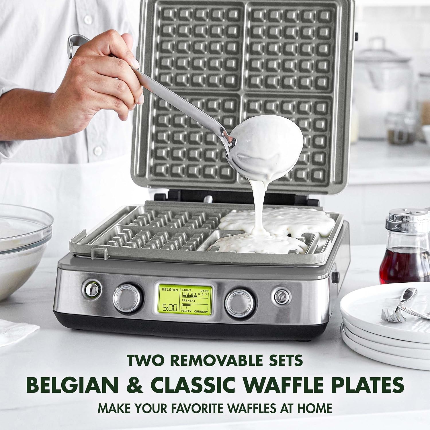 image:imageGreenPan Elite 4Square Belgian amp Classic Waffle MakerHealthy Ceramic Nonstick Dishwasher Safe Plates Adjustable ShadeCrunch Control Wont Overflow Easy Cleanup Breakfast PFASFree WhiteGraphite