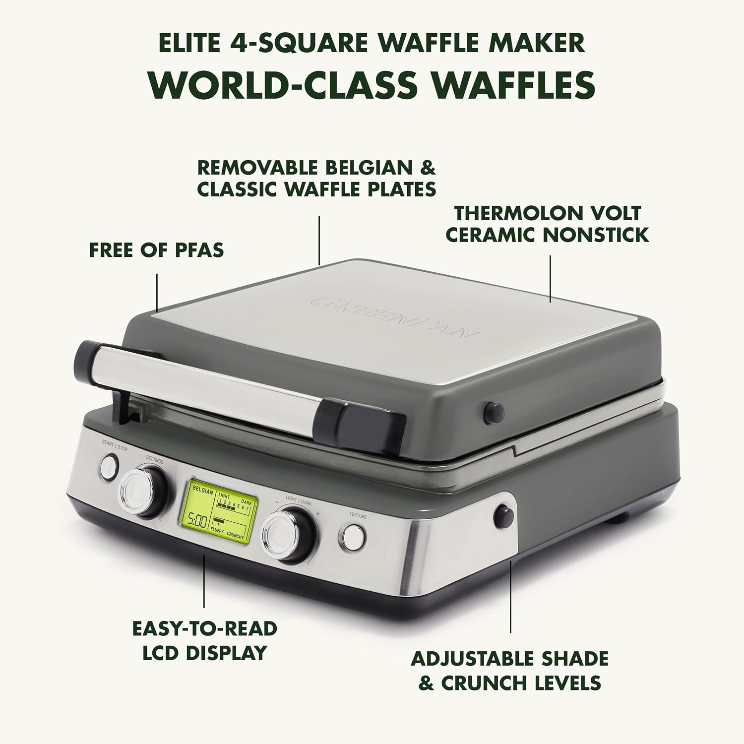 image:imageGreenPan Elite 4Square Belgian amp Classic Waffle MakerHealthy Ceramic Nonstick Dishwasher Safe Plates Adjustable ShadeCrunch Control Wont Overflow Easy Cleanup Breakfast PFASFree WhiteGraphite
