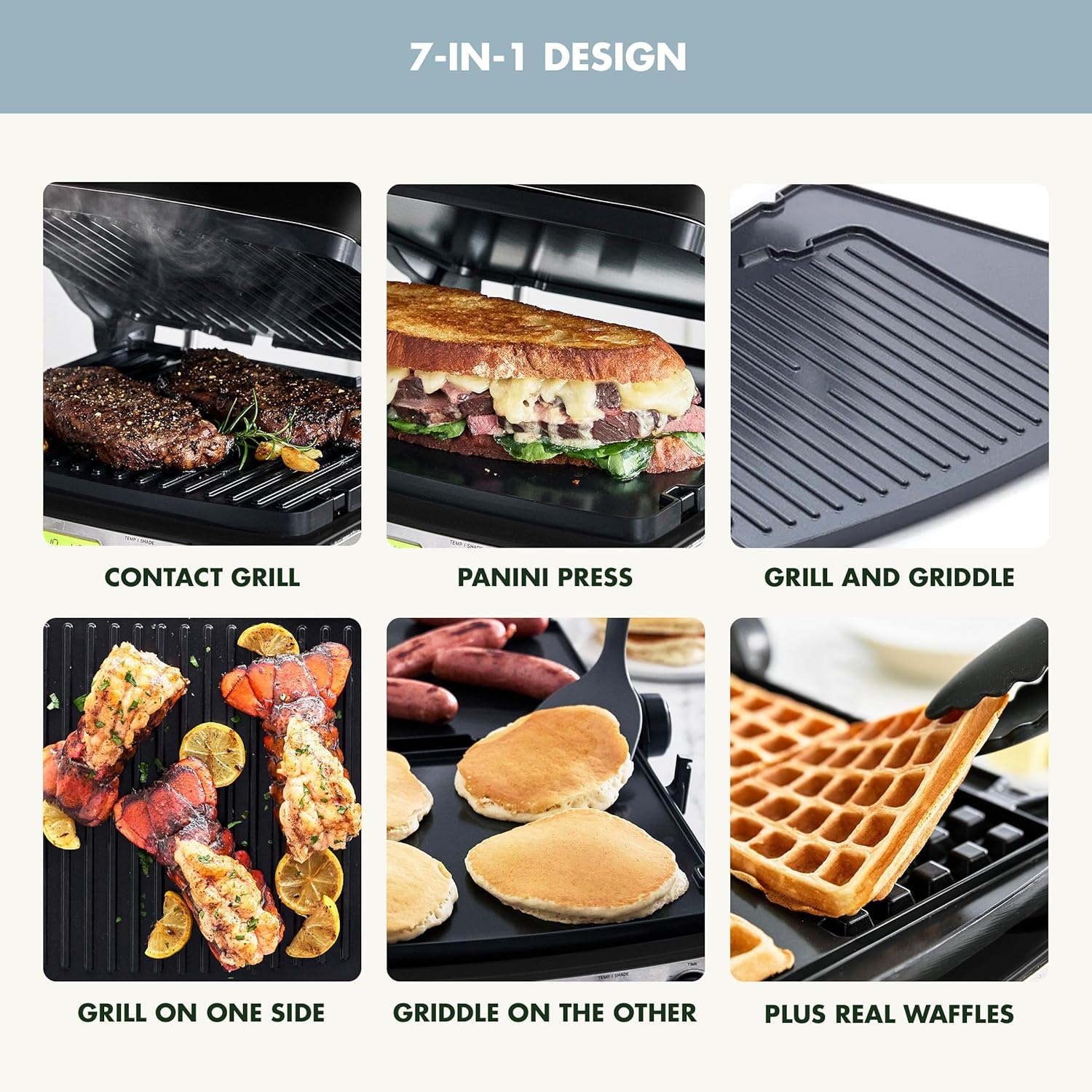 image:imageGreenPan Elite 7in1 MultiFunction Contact Grill amp Griddle Healthy Ceramic Nonstick Reversible Plates Adjustable Shade amp Shear Closed PressOpen Flat Surface PFASFree Cream WhiteBlue Haze