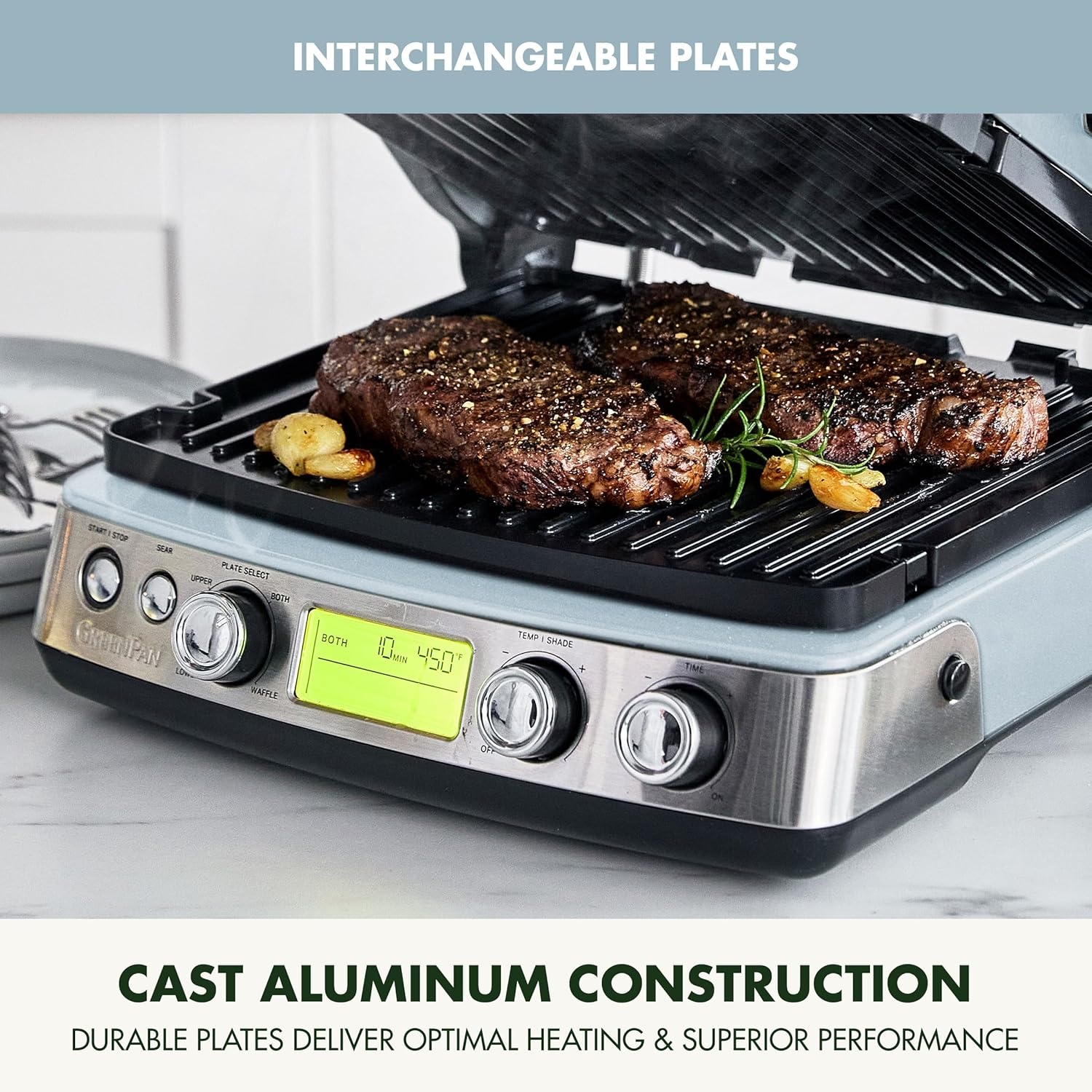 image:imageGreenPan Elite 7in1 MultiFunction Contact Grill amp Griddle Healthy Ceramic Nonstick Reversible Plates Adjustable Shade amp Shear Closed PressOpen Flat Surface PFASFree Cream WhiteBlue Haze