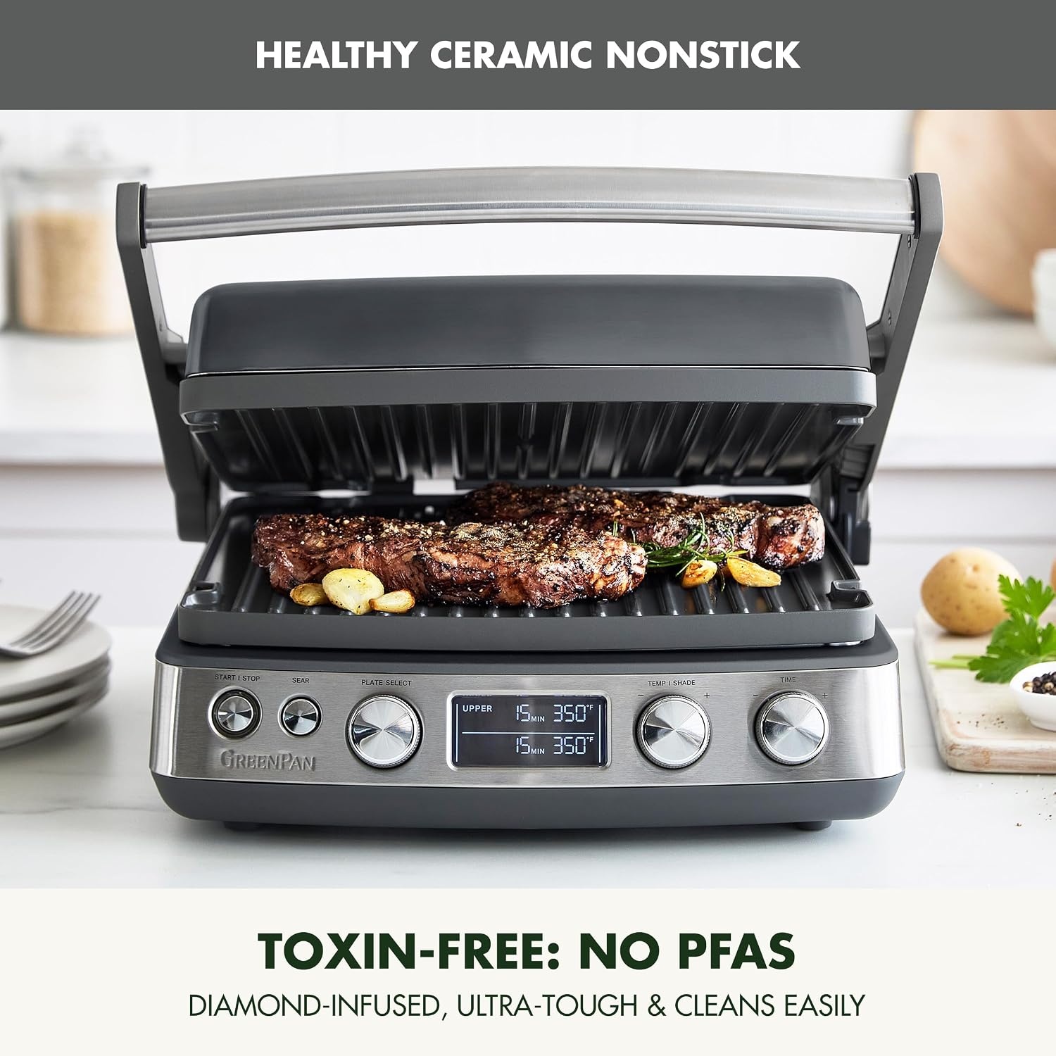 image:imageGreenPan Elite 7in1 MultiFunction Contact Grill amp Griddle Healthy Ceramic Nonstick Reversible Plates Adjustable Shade amp Shear Closed PressOpen Flat Surface PFASFree Cream WhiteGraphite