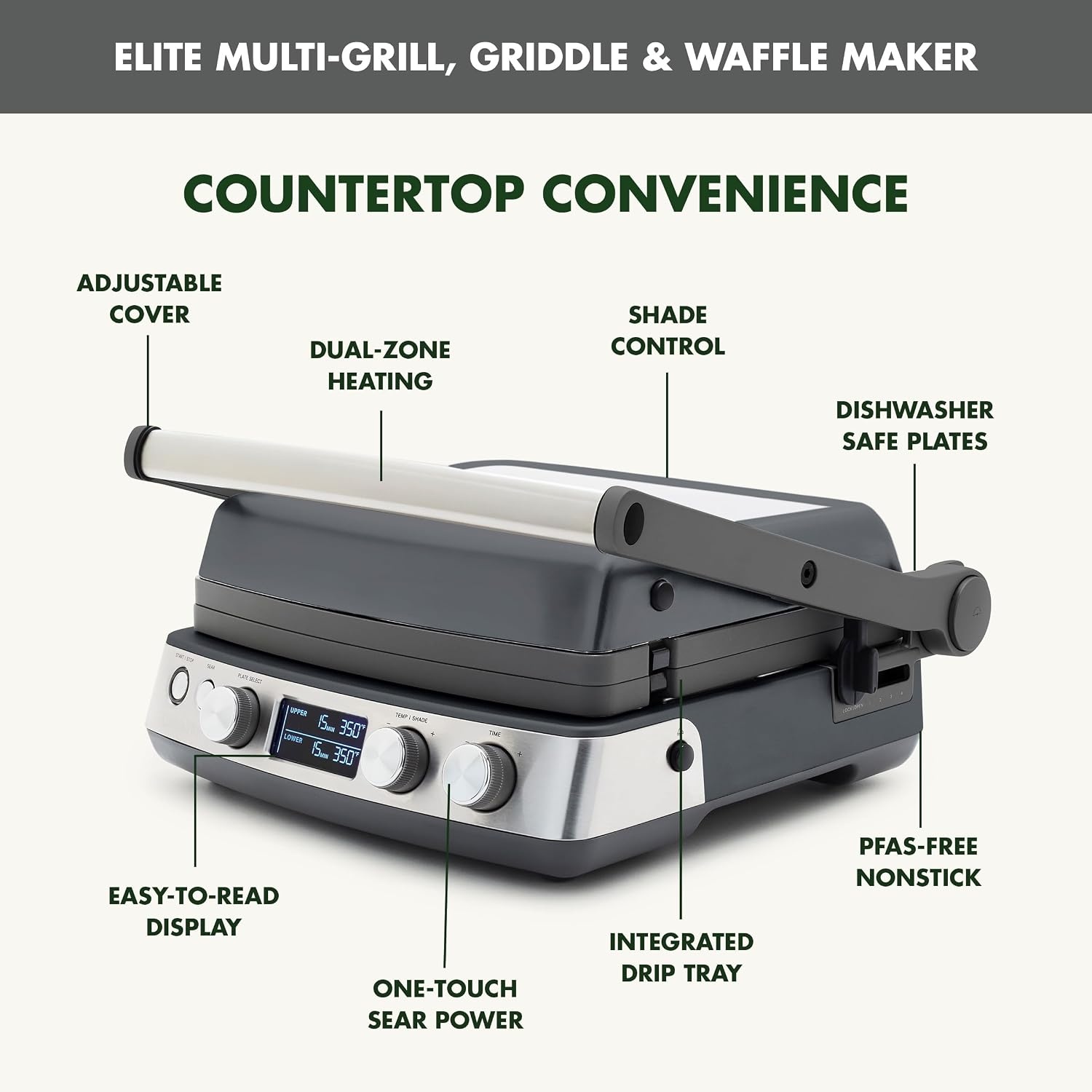 image:imageGreenPan Elite 7in1 MultiFunction Contact Grill amp Griddle Healthy Ceramic Nonstick Reversible Plates Adjustable Shade amp Shear Closed PressOpen Flat Surface PFASFree Cream WhiteGraphite
