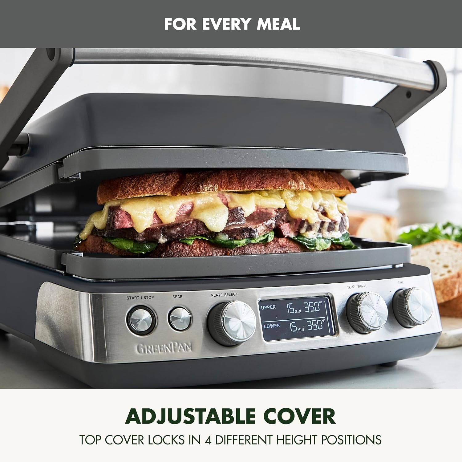 image:imageGreenPan Elite 7in1 MultiFunction Contact Grill amp Griddle Healthy Ceramic Nonstick Reversible Plates Adjustable Shade amp Shear Closed PressOpen Flat Surface PFASFree Cream WhiteGraphite