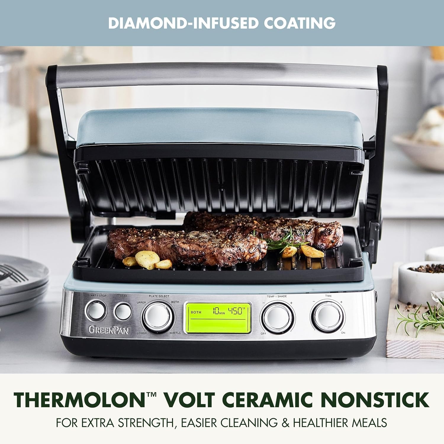 image:imageGreenPan Elite 7in1 MultiFunction Contact Grill amp Griddle Healthy Ceramic Nonstick Reversible Plates Adjustable Shade amp Shear Closed PressOpen Flat Surface PFASFree Cream WhiteBlue Haze