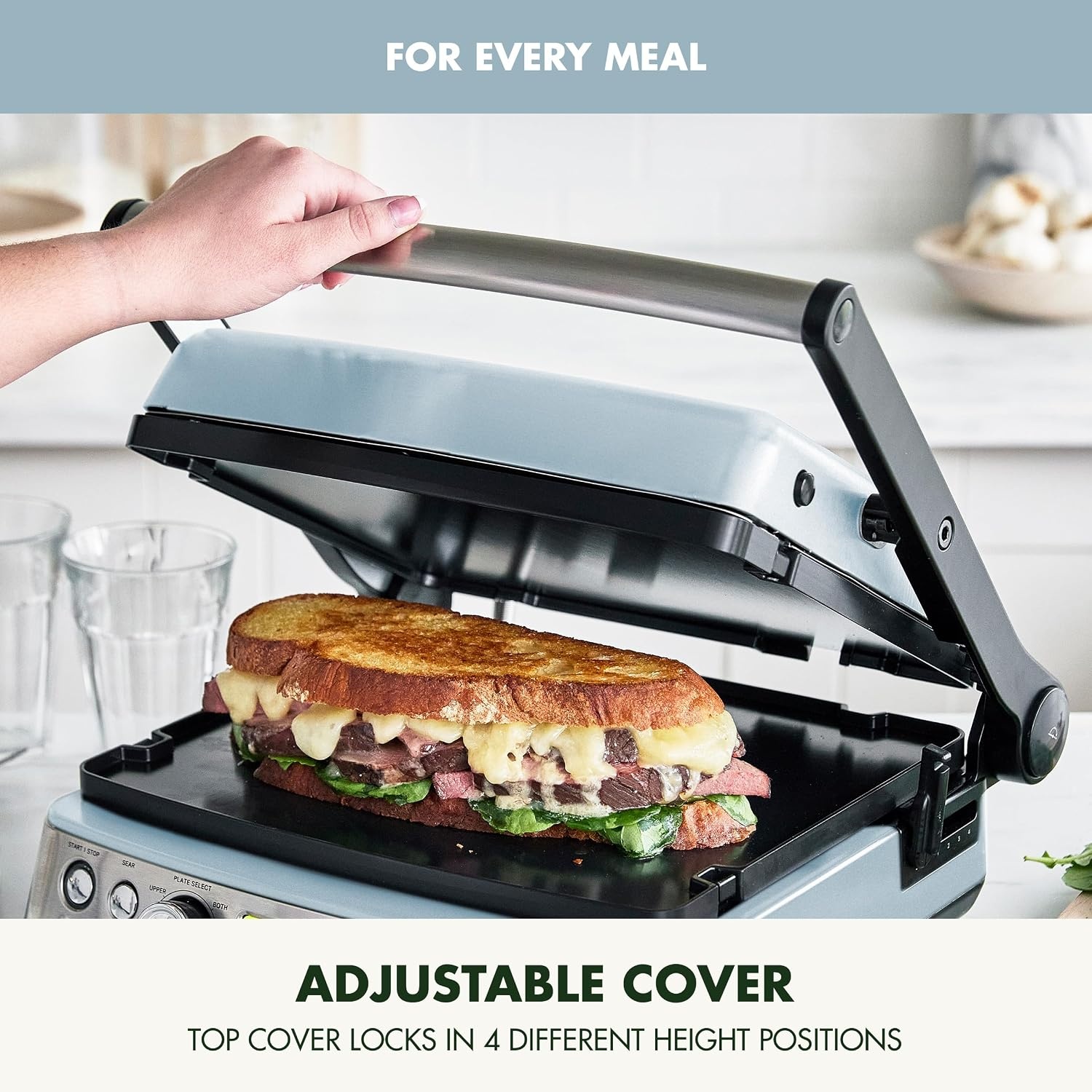 image:imageGreenPan Elite 7in1 MultiFunction Contact Grill amp Griddle Healthy Ceramic Nonstick Reversible Plates Adjustable Shade amp Shear Closed PressOpen Flat Surface PFASFree Cream WhiteBlue Haze