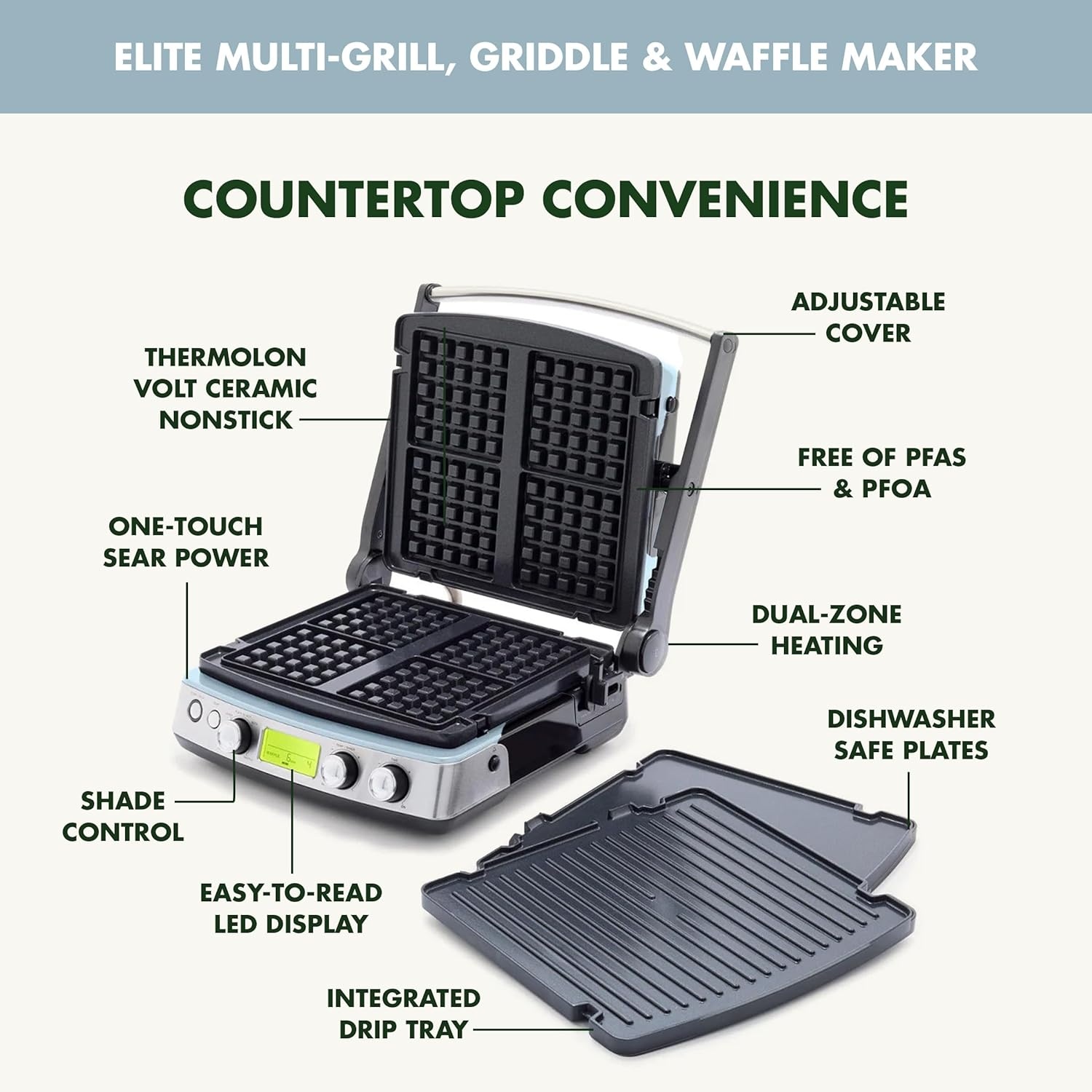 image:imageGreenPan Elite 7in1 MultiFunction Contact Grill amp Griddle Healthy Ceramic Nonstick Reversible Plates Adjustable Shade amp Shear Closed PressOpen Flat Surface PFASFree Cream WhiteBlue Haze