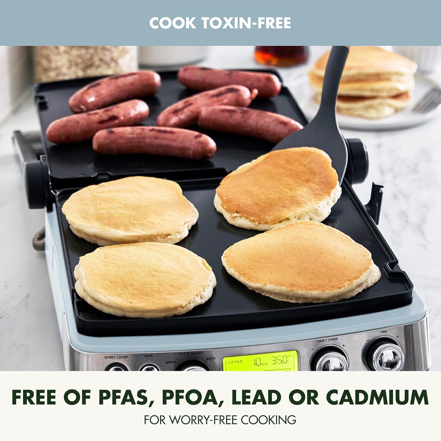 image:imageGreenPan Elite 7in1 MultiFunction Contact Grill amp Griddle Healthy Ceramic Nonstick Reversible Plates Adjustable Shade amp Shear Closed PressOpen Flat Surface PFASFree Cream WhiteBlue Haze