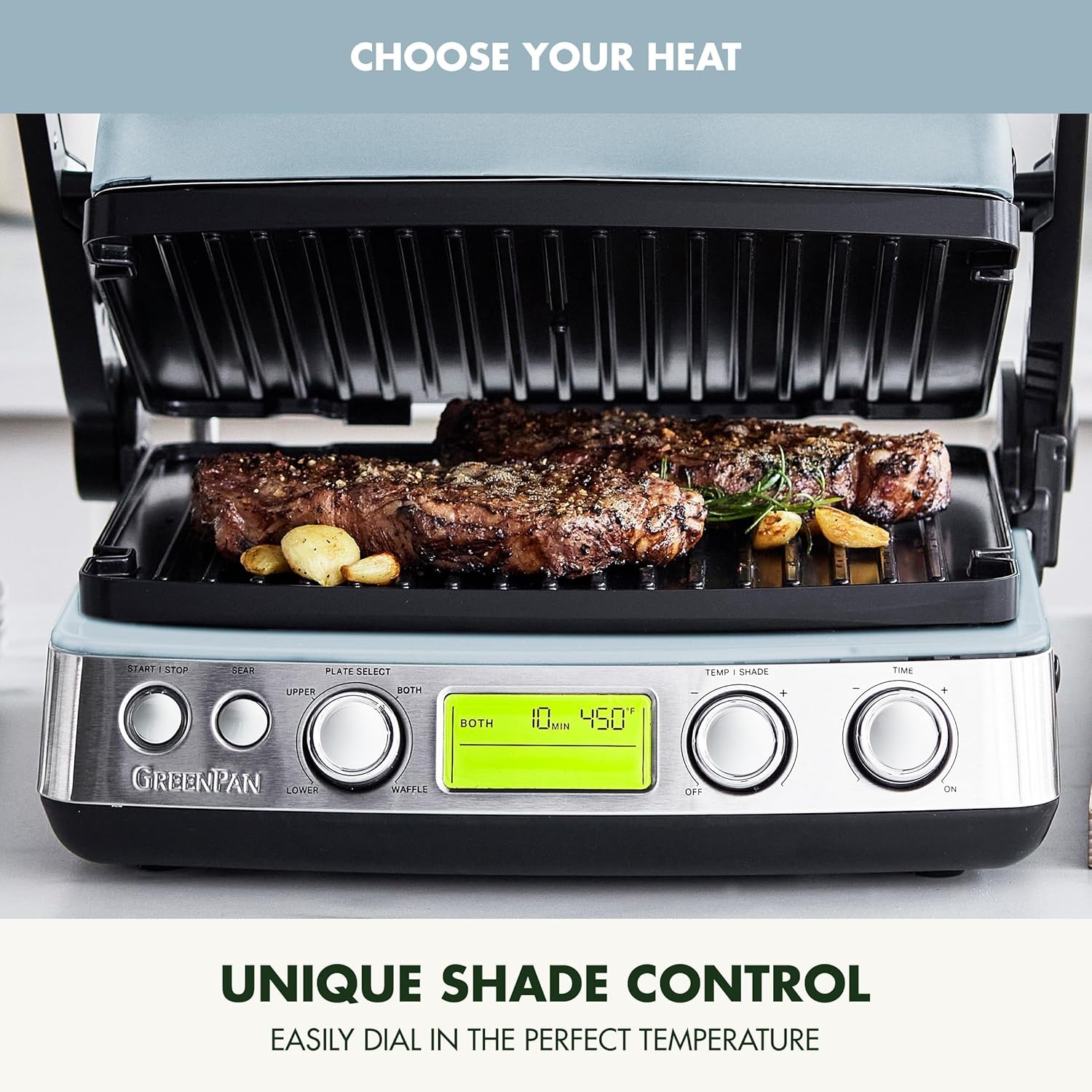 image:imageGreenPan Elite 7in1 MultiFunction Contact Grill amp Griddle Healthy Ceramic Nonstick Reversible Plates Adjustable Shade amp Shear Closed PressOpen Flat Surface PFASFree Cream WhiteBlue Haze