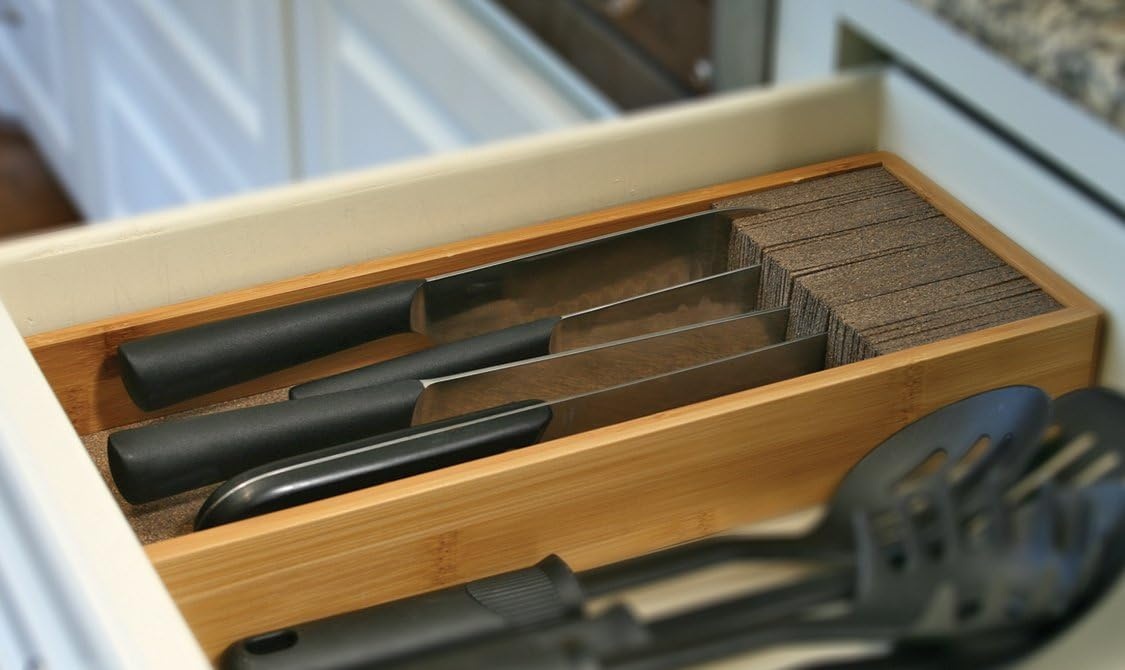 image:imageKNIFEdock Bamboo Knife Organizer for Kitchen Drawers 15 InDrawer Knife Block with Cork Composite SpaceSaving Safe Storage for Your KnivesBamboo