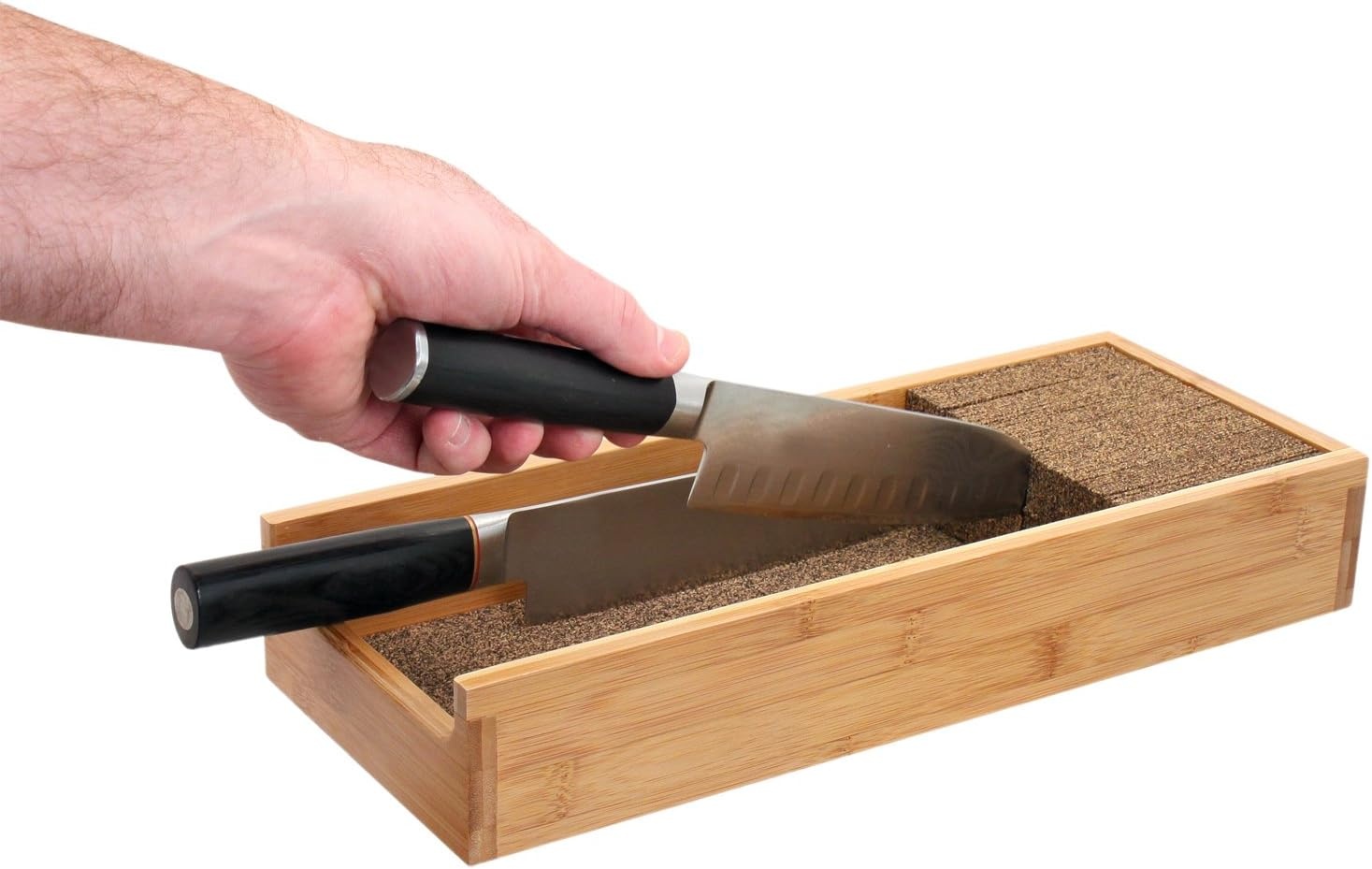 image:imageKNIFEdock Bamboo Knife Organizer for Kitchen Drawers 15 InDrawer Knife Block with Cork Composite SpaceSaving Safe Storage for Your KnivesBamboo