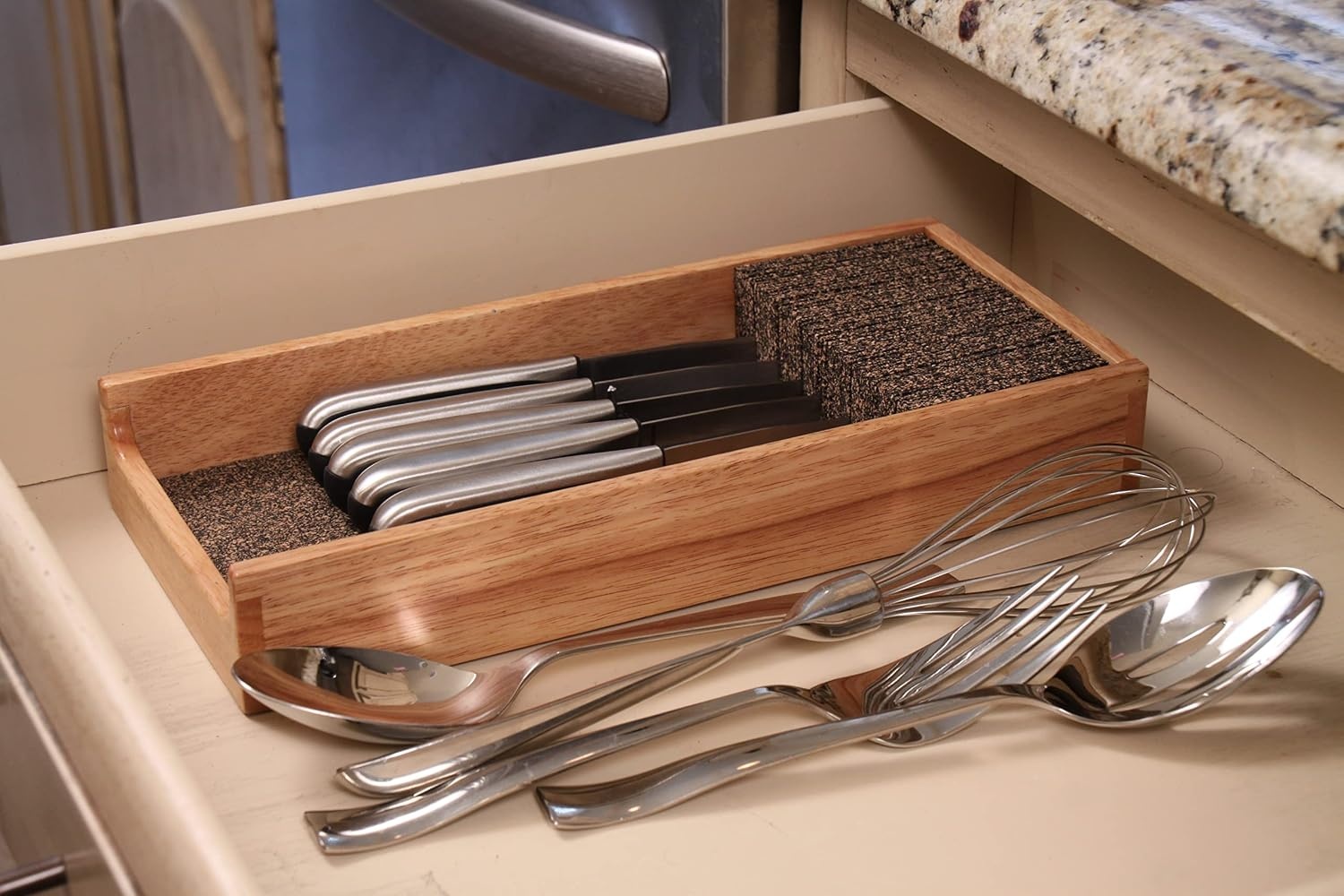 image:imageKNIFEdock Bamboo Knife Organizer for Kitchen Drawers 15 InDrawer Knife Block with Cork Composite SpaceSaving Safe Storage for Your KnivesBamboo