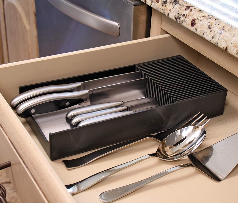 image:imageKNIFEdock Bamboo Knife Organizer for Kitchen Drawers 15 InDrawer Knife Block with Cork Composite SpaceSaving Safe Storage for Your KnivesPlastic