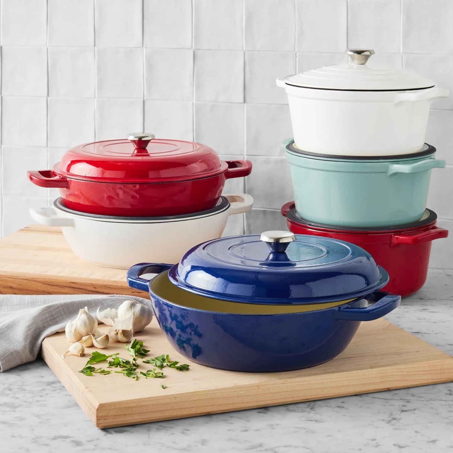image:imageSur La Table Enameled Cast Iron Deep Braiser 5 Qt Red Domed Lid Braising Pan for Slow Cooking Searing and OventoTable Serving 5 Qt
