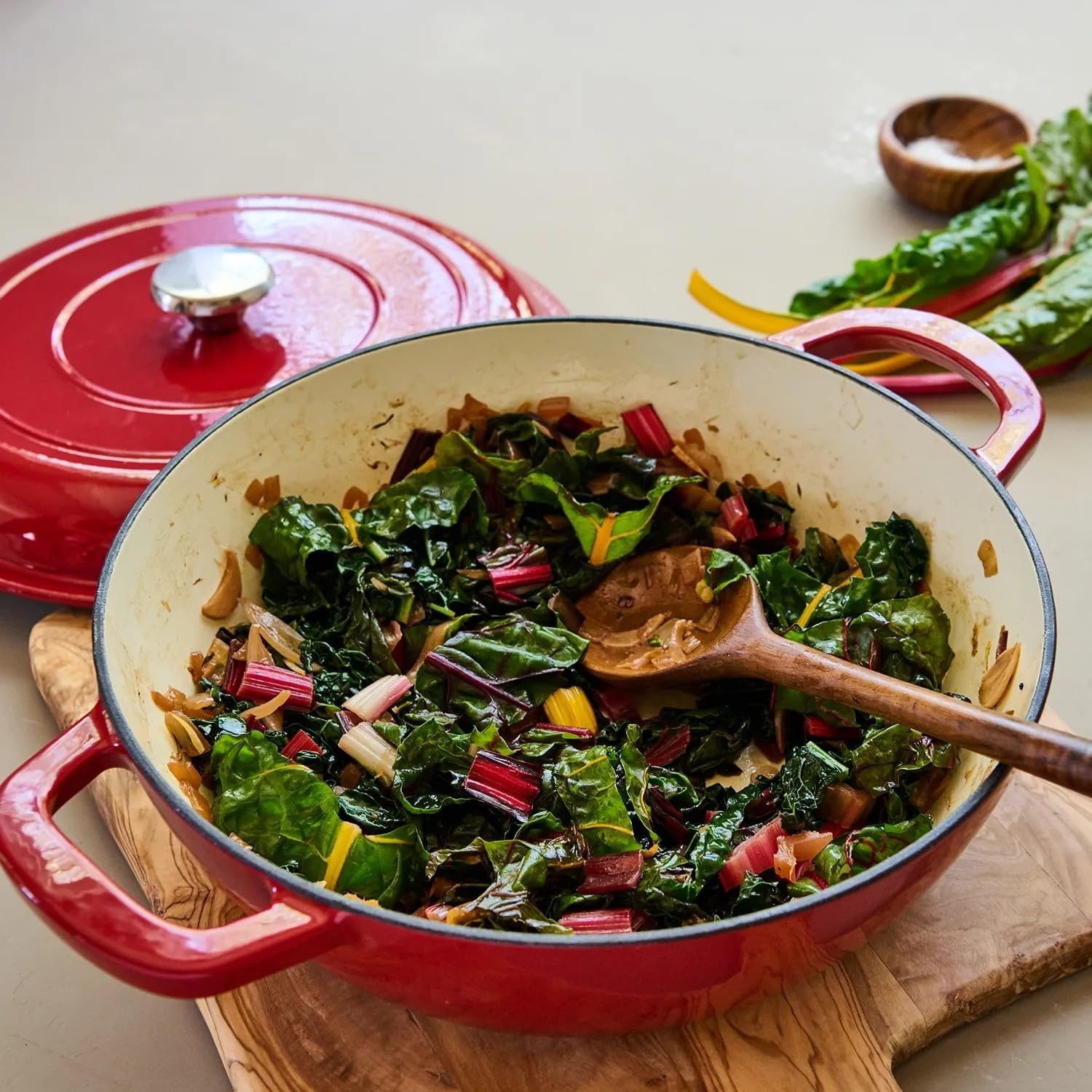 image:imageSur La Table Enameled Cast Iron Deep Braiser 5 Qt Red Domed Lid Braising Pan for Slow Cooking Searing and OventoTable Serving 5 Qt