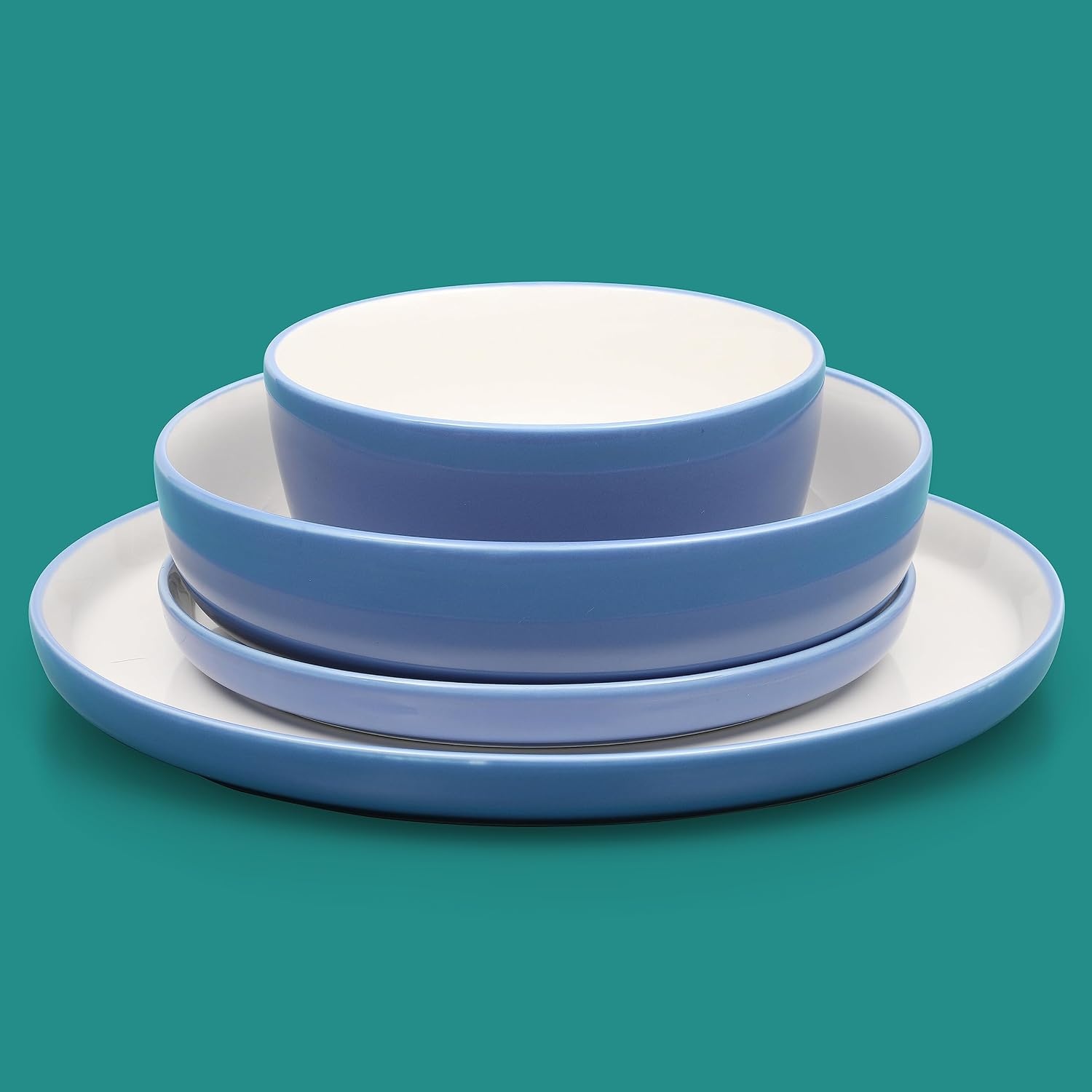 image:imageSur La Table Kitchen Essentials 16 Piece TwoTone Porcelain Chip and Scratch Resistant Dinnerware Plates and Bowls Set GreenWhiteBlueWhite