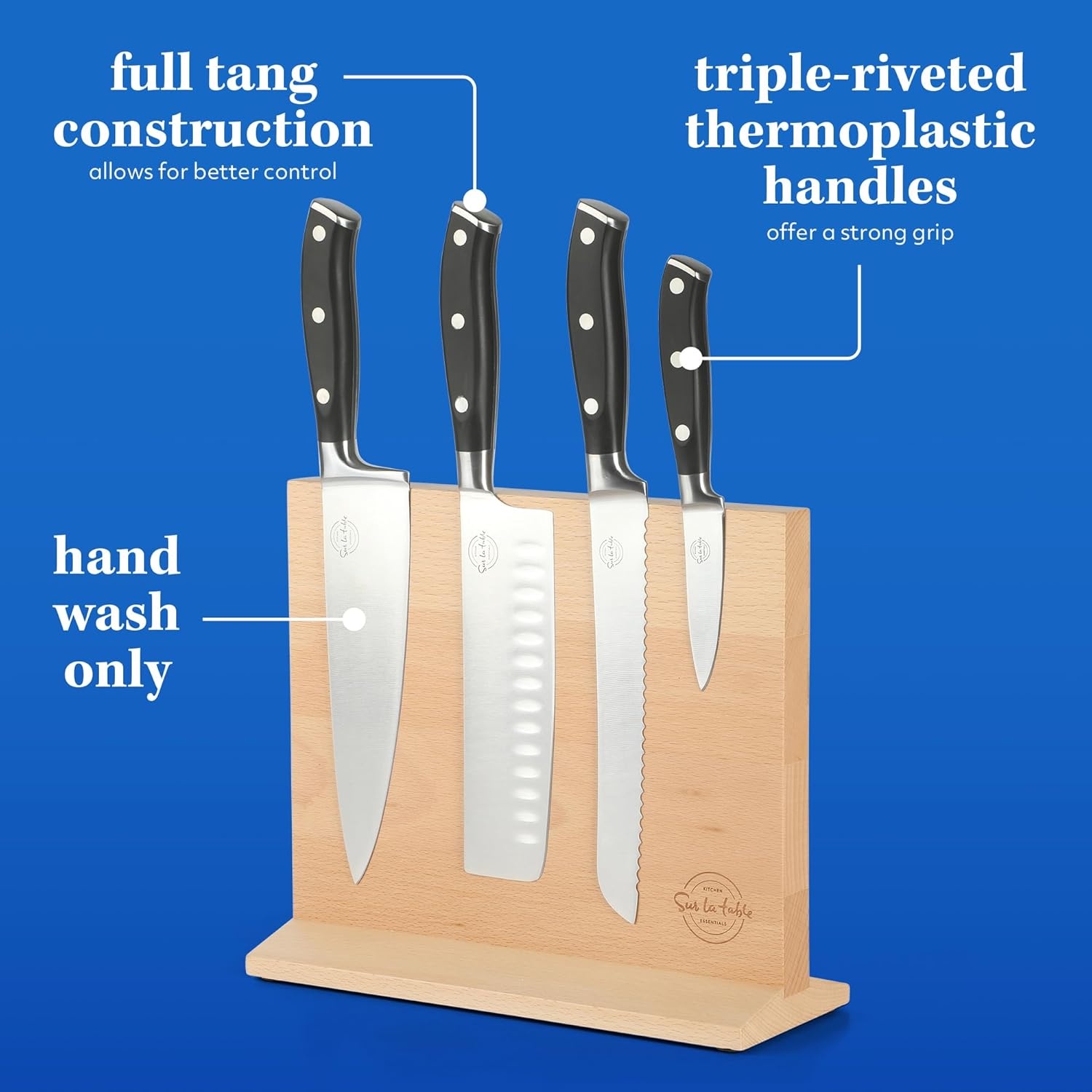 image:imageSur La Table Kitchen Essentials 5 Piece German Steel Blade wTriple Riveted Handle Set on Beechwood Magnetic Block Linen WhiteBlack 5pc Set