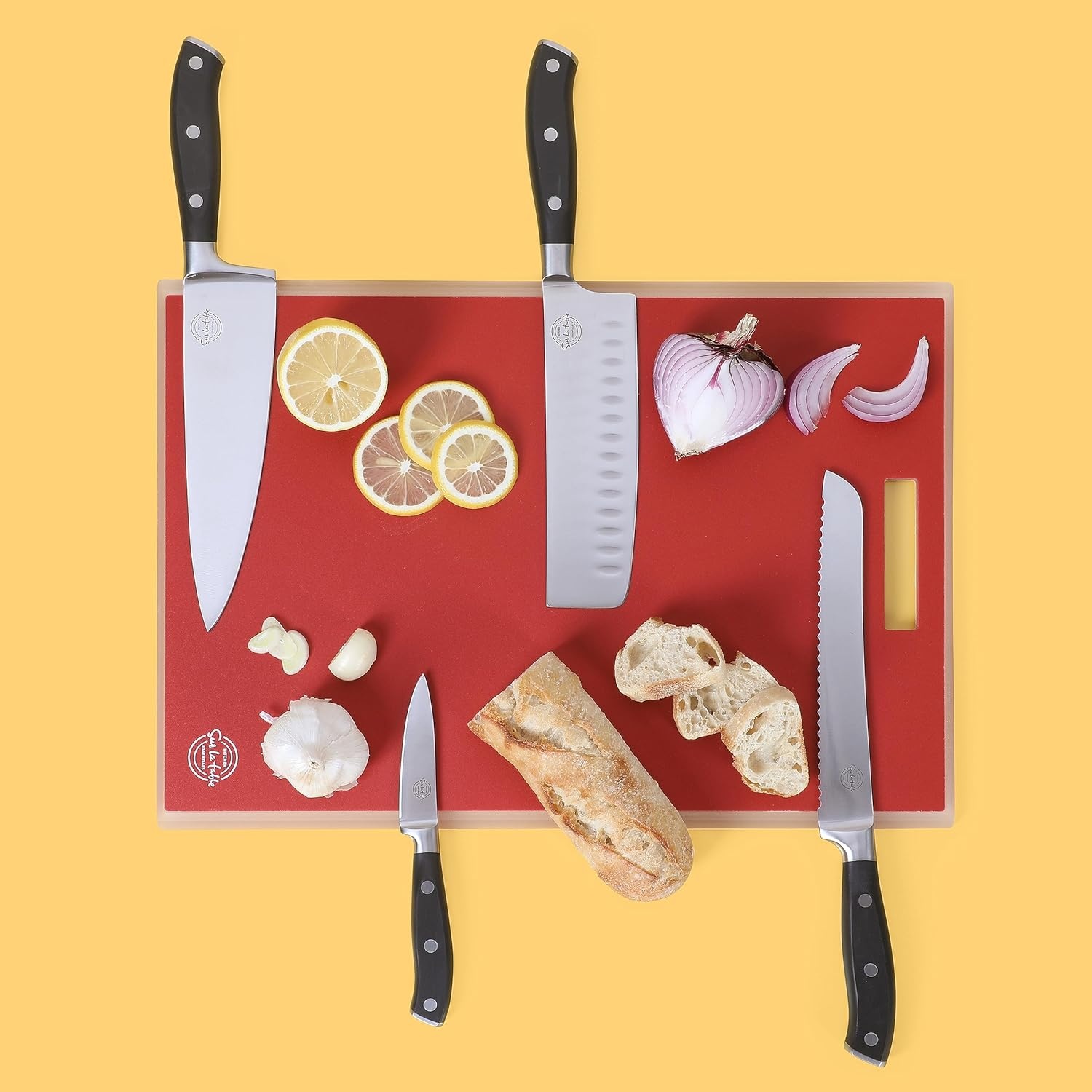 image:imageSur La Table Kitchen Essentials 5 Piece German Steel Blade wTriple Riveted Handle Set on Beechwood Magnetic Block Linen WhiteBlack 5pc Set