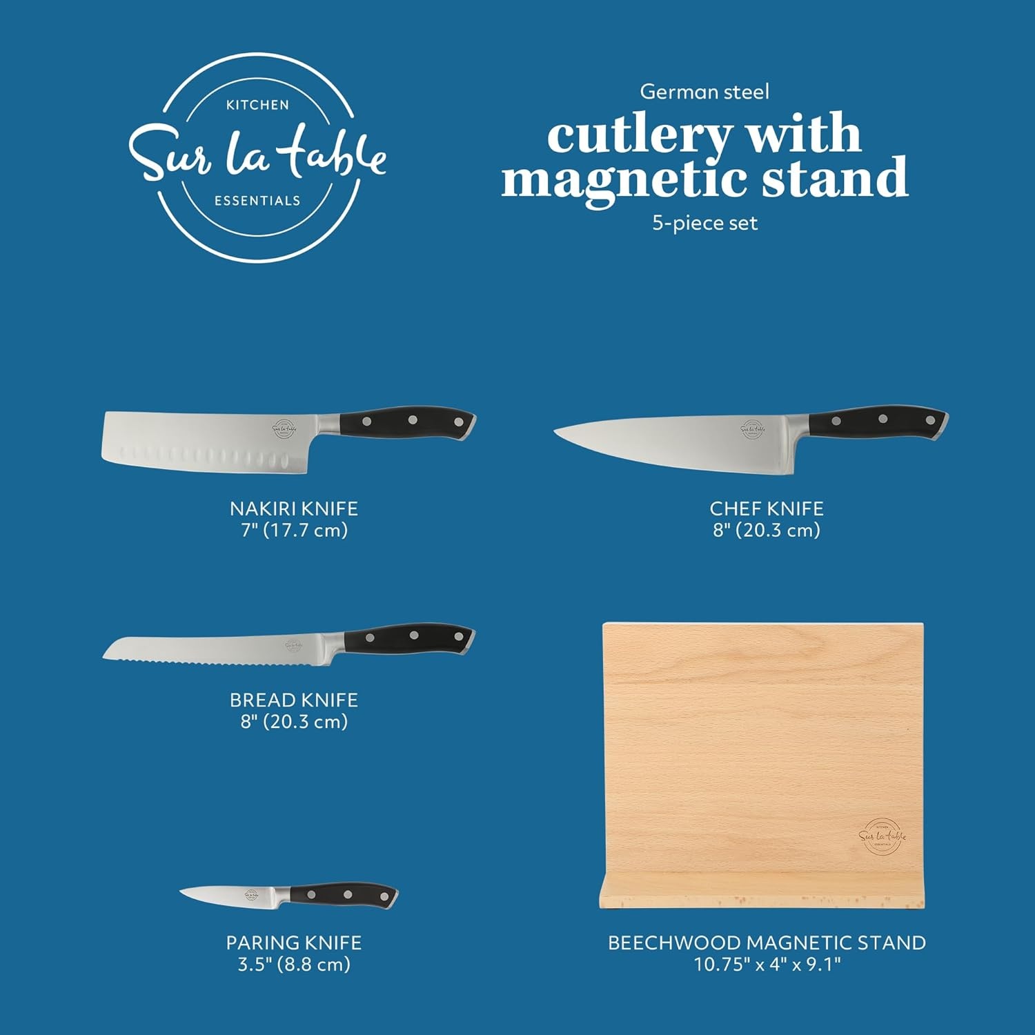 image:imageSur La Table Kitchen Essentials 5 Piece German Steel Blade wTriple Riveted Handle Set on Beechwood Magnetic Block Linen WhiteBlack 5pc Set