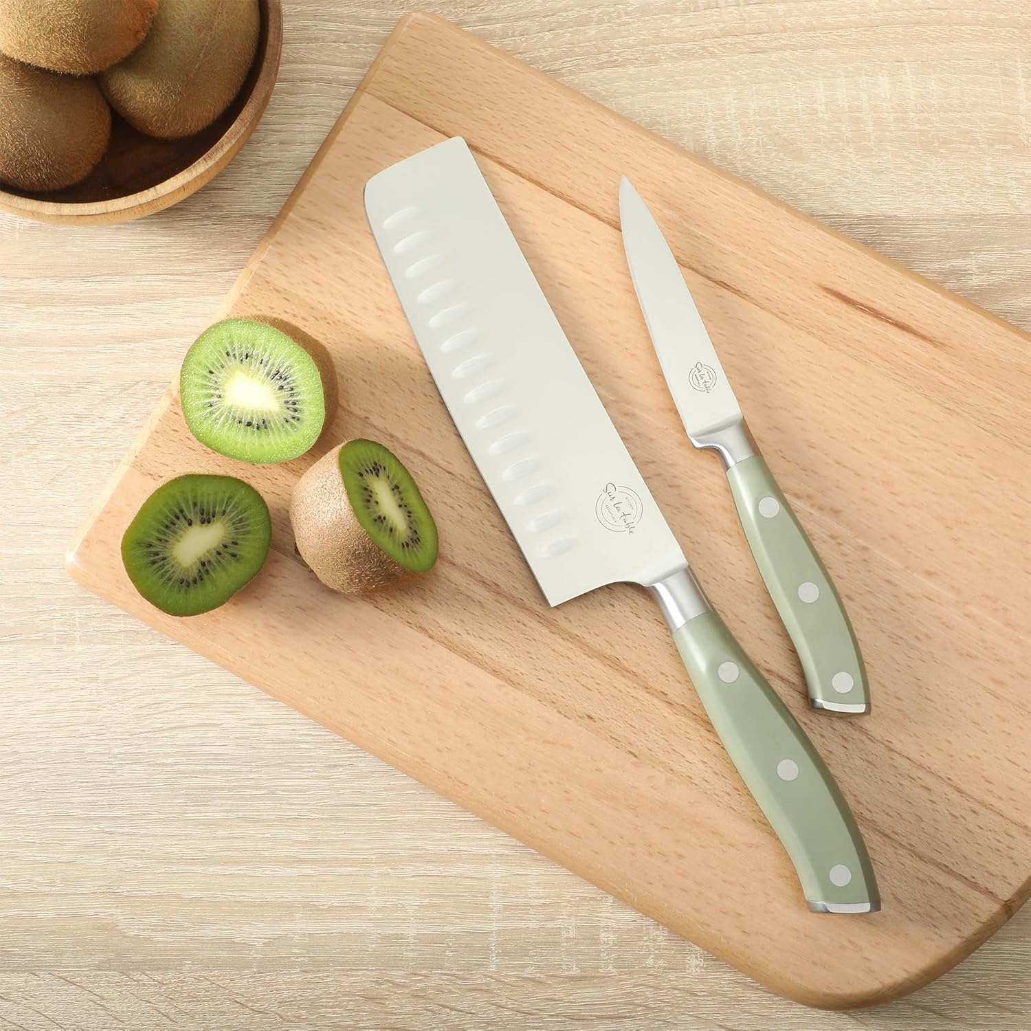 image:imageSur La Table Kitchen Essentials 5 Piece German Steel Blade wTriple Riveted Handle Set on Beechwood Magnetic Block Linen WhiteJuniper Green 5pc Set