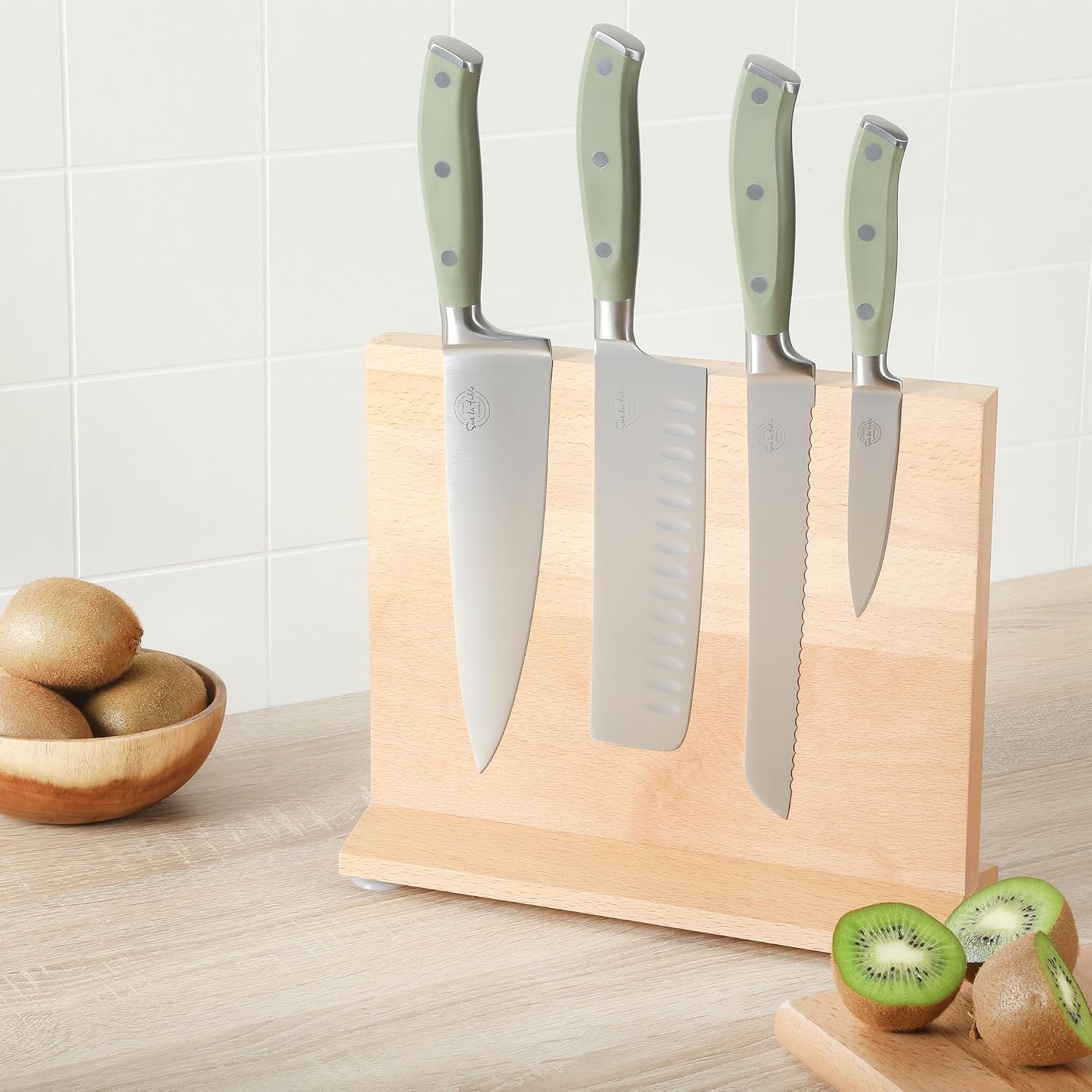 image:imageSur La Table Kitchen Essentials 5 Piece German Steel Blade wTriple Riveted Handle Set on Beechwood Magnetic Block Linen WhiteJuniper Green 5pc Set