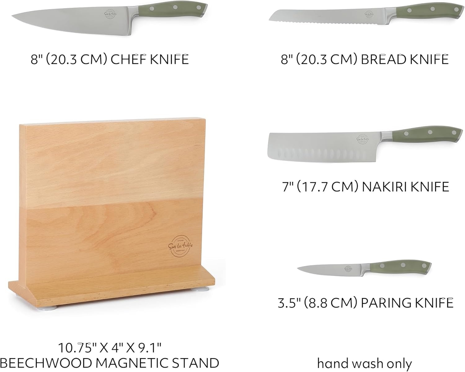 image:imageSur La Table Kitchen Essentials 5 Piece German Steel Blade wTriple Riveted Handle Set on Beechwood Magnetic Block Linen WhiteJuniper Green 5pc Set