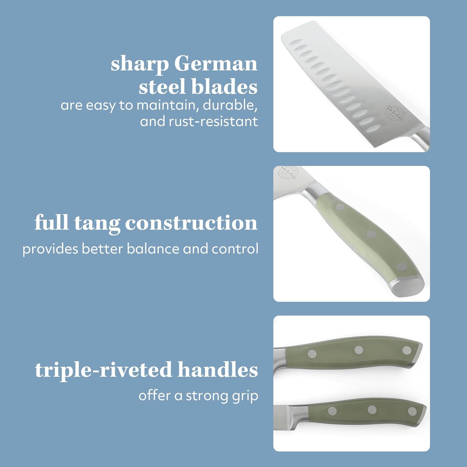 image:imageSur La Table Kitchen Essentials 5 Piece German Steel Blade wTriple Riveted Handle Set on Beechwood Magnetic Block Linen WhiteJuniper Green 5pc Set
