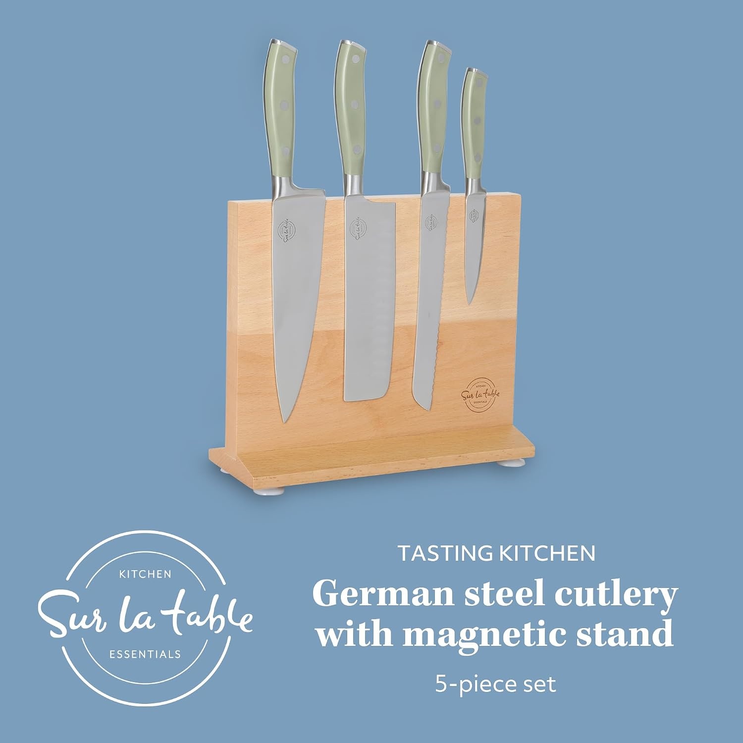image:imageSur La Table Kitchen Essentials 5 Piece German Steel Blade wTriple Riveted Handle Set on Beechwood Magnetic Block Linen WhiteJuniper Green 5pc Set