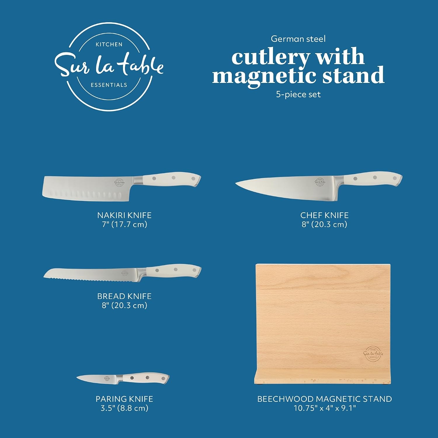 image:imageSur La Table Kitchen Essentials 5 Piece German Steel Blade wTriple Riveted Handle Set on Beechwood Magnetic Block Linen WhiteLinen White 5pc Set