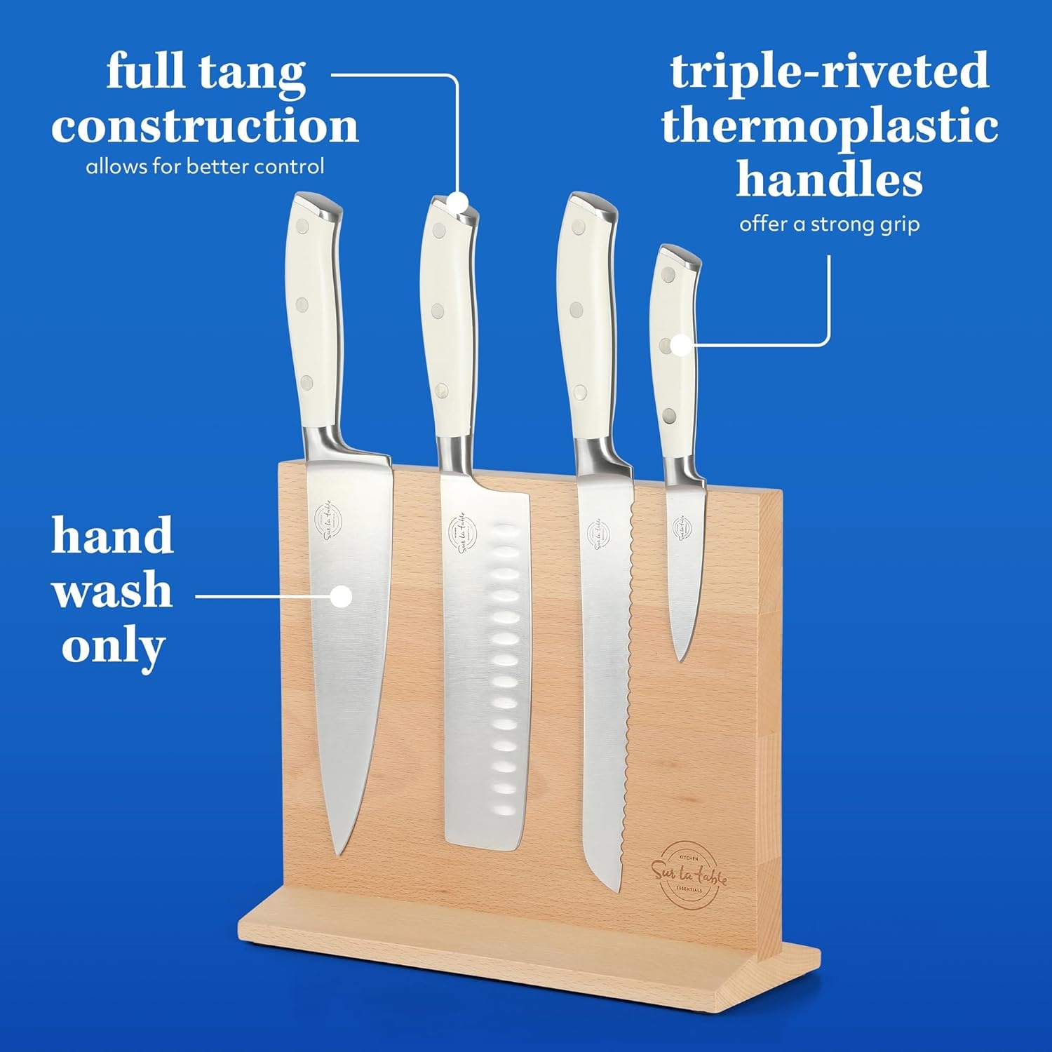 image:imageSur La Table Kitchen Essentials 5 Piece German Steel Blade wTriple Riveted Handle Set on Beechwood Magnetic Block Linen WhiteLinen White 5pc Set