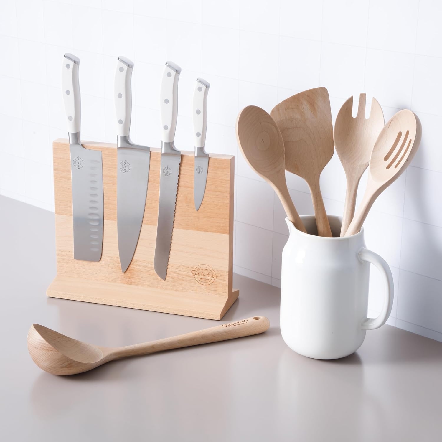 image:imageSur La Table Kitchen Essentials 5 Piece German Steel Blade wTriple Riveted Handle Set on Beechwood Magnetic Block Linen WhiteLinen White 5pc Set