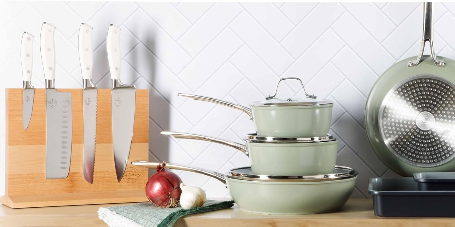 image:imageSur La Table Kitchen Essentials 5 Piece German Steel Blade wTriple Riveted Handle Set on Beechwood Magnetic Block Linen WhiteLinen White 5pc Set