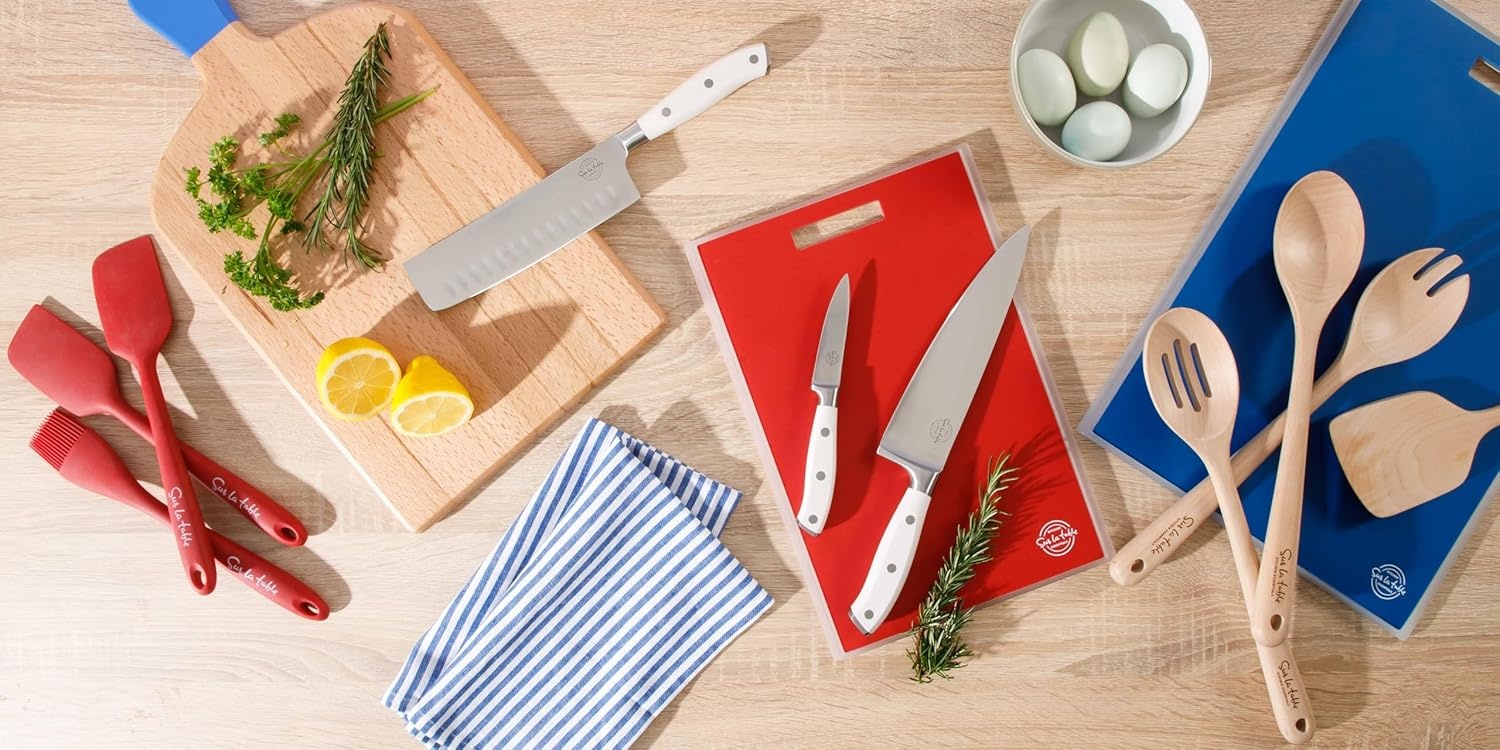 image:imageSur La Table Kitchen Essentials 5 Piece German Steel Blade wTriple Riveted Handle Set on Beechwood Magnetic Block Linen WhiteLinen White 5pc Set