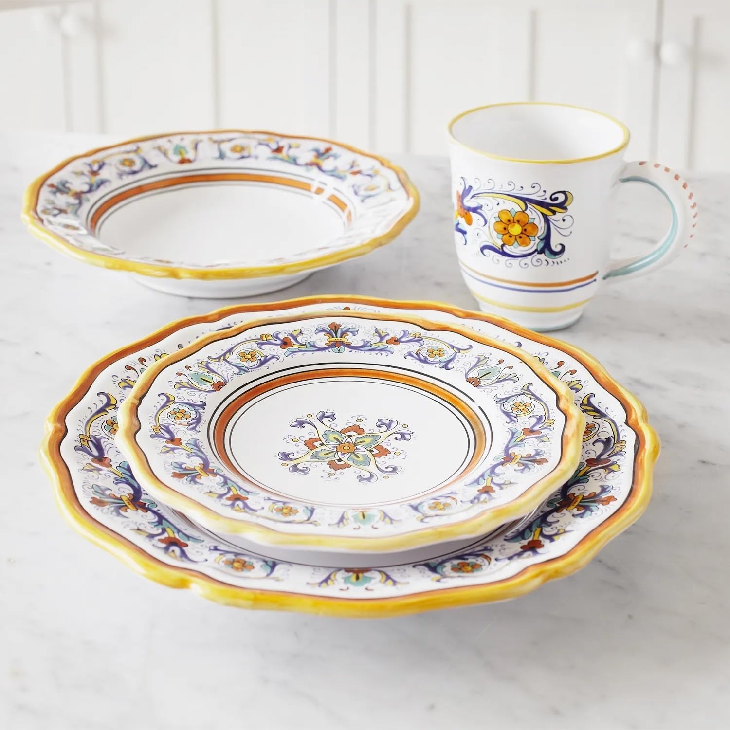 image:imageSur La Table Nova Deruta 16 Piece Ceramic Dinnerware Set Italian Inspired Floral Designed Mugs Dinner Plates Salad Plates and Bowls Service for 4