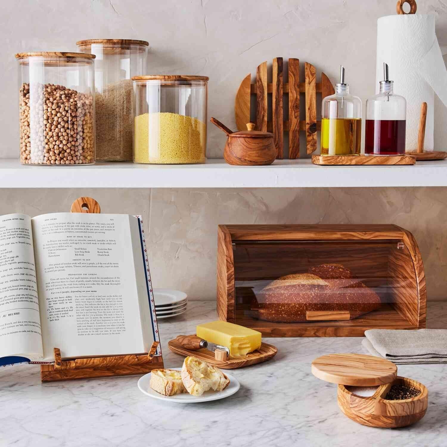 image:imageSur La Table Olivewood Bread Box 142 Countertop Bread Storage with Clear Lid amp Handle Crafted from Natural Hardwood with Unique Grain Keeps Baked Goods Fresher Longer