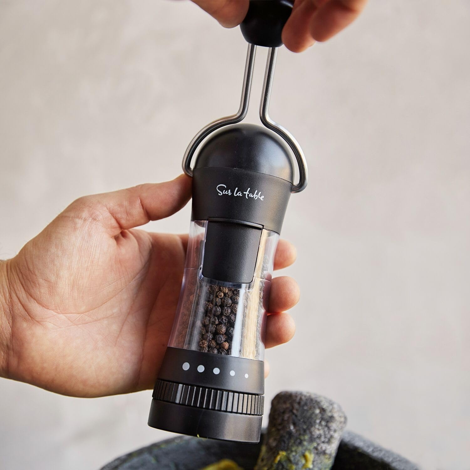 image:imageSur La Table Ratchet Mill Black Ceramic Stone Grinder Pepper amp Spice Grinder with Adjustable Coarseness FrontLoading Refill Durable Manual Seasoning Tool for Kitchen and TableWhite