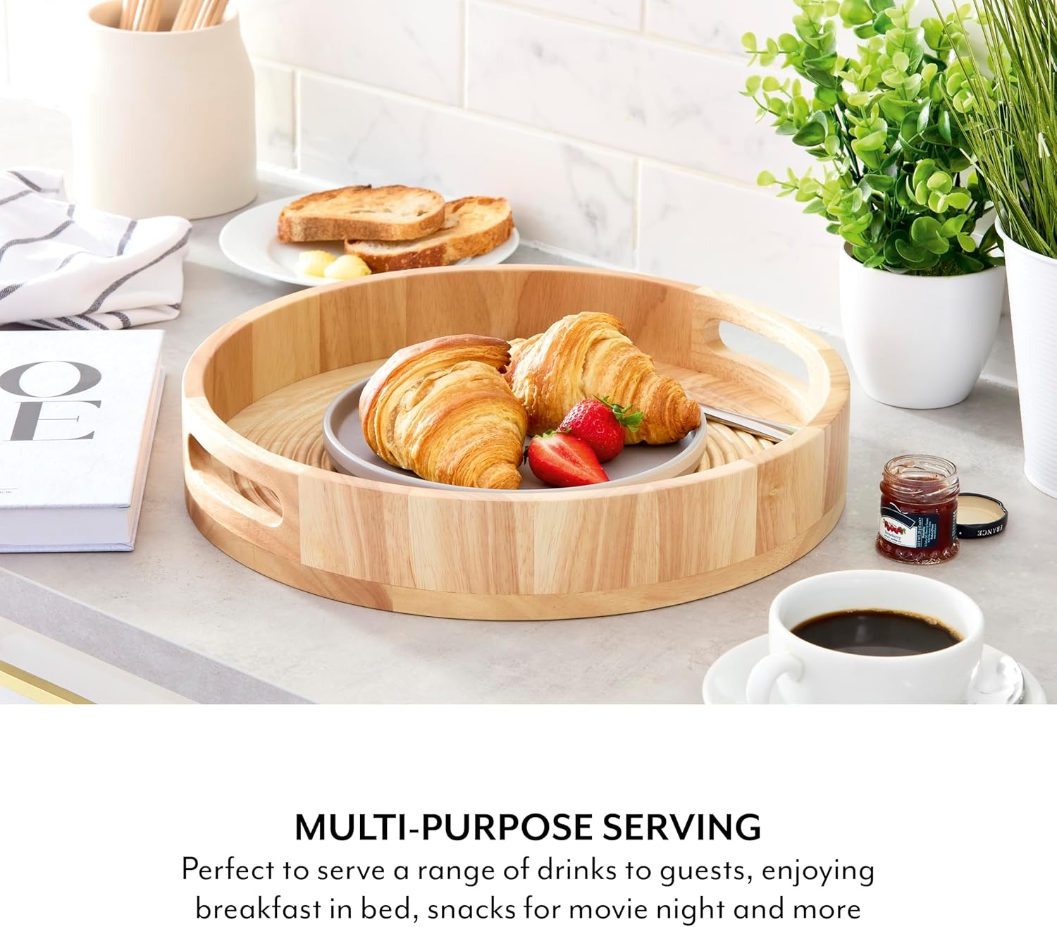 image:imageSur La Table SLT847089 Large Round Serving Tray for Food and Drinks Easy to Clean Made from Hevea Wood with FSC Certified Materials 356 x 356 x 64cm Colour Me Happy Natural WoodBrown