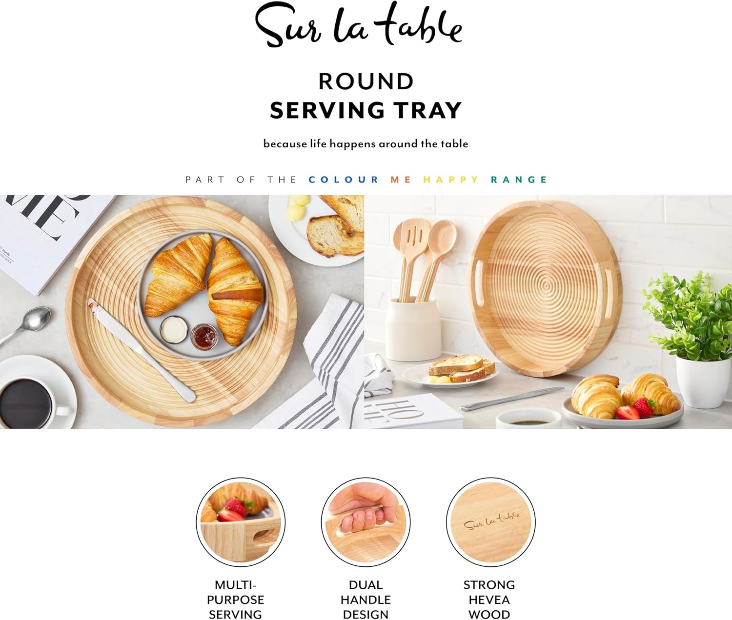 image:imageSur La Table SLT847089 Large Round Serving Tray for Food and Drinks Easy to Clean Made from Hevea Wood with FSC Certified Materials 356 x 356 x 64cm Colour Me Happy Natural WoodBrown