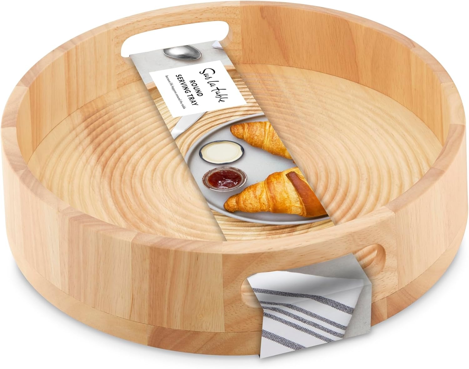 image:imageSur La Table SLT847089 Large Round Serving Tray for Food and Drinks Easy to Clean Made from Hevea Wood with FSC Certified Materials 356 x 356 x 64cm Colour Me Happy Natural WoodBrown