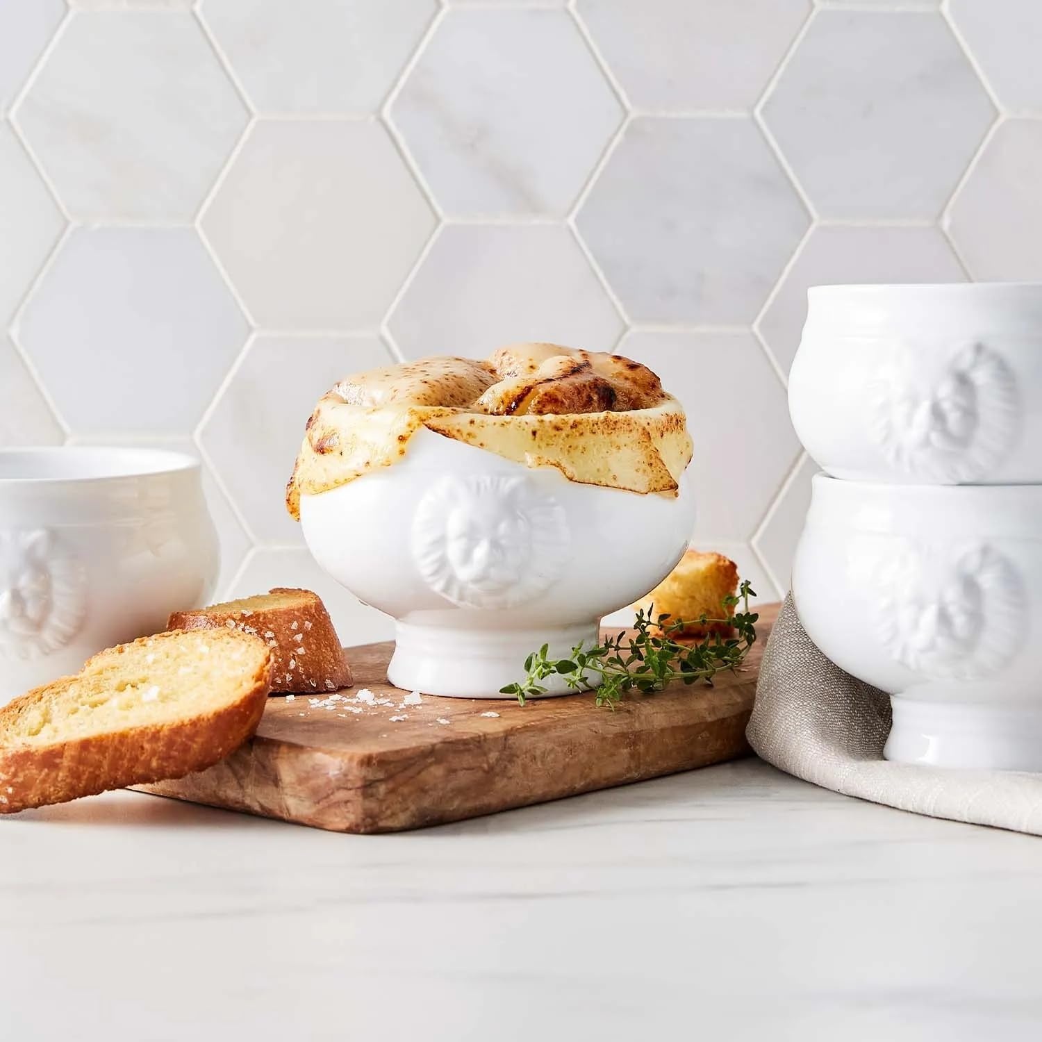 image:imageSur La Table White Porcelain Lions Head Soup Bowls Set of 4 Elegant 14 oz Serving Dishes for Stew amp Hot Meals Classic Dinnerware