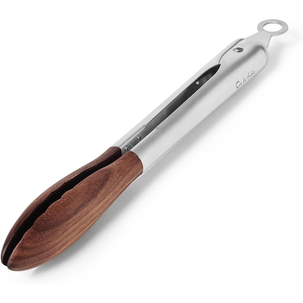 image:imageSur La Table 135 Stainless Steel Serving Tongs with Walnut Wood Tips  Locking Kitchen Tongs for Appetizers Cheese Boards Cold Cuts amp More