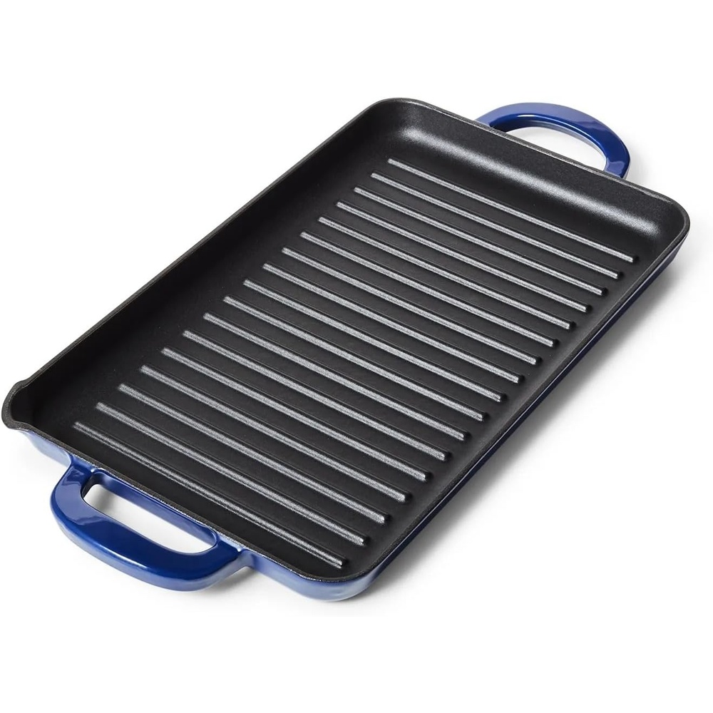 image:imageSur La Table 15 x 9 Enameled Cast Iron Grill Pan Rectangular StovetoOven Griddle for Steaks Veggies amp Seafood Induction Compatible Oven to 500F No Seasoning Required Blue