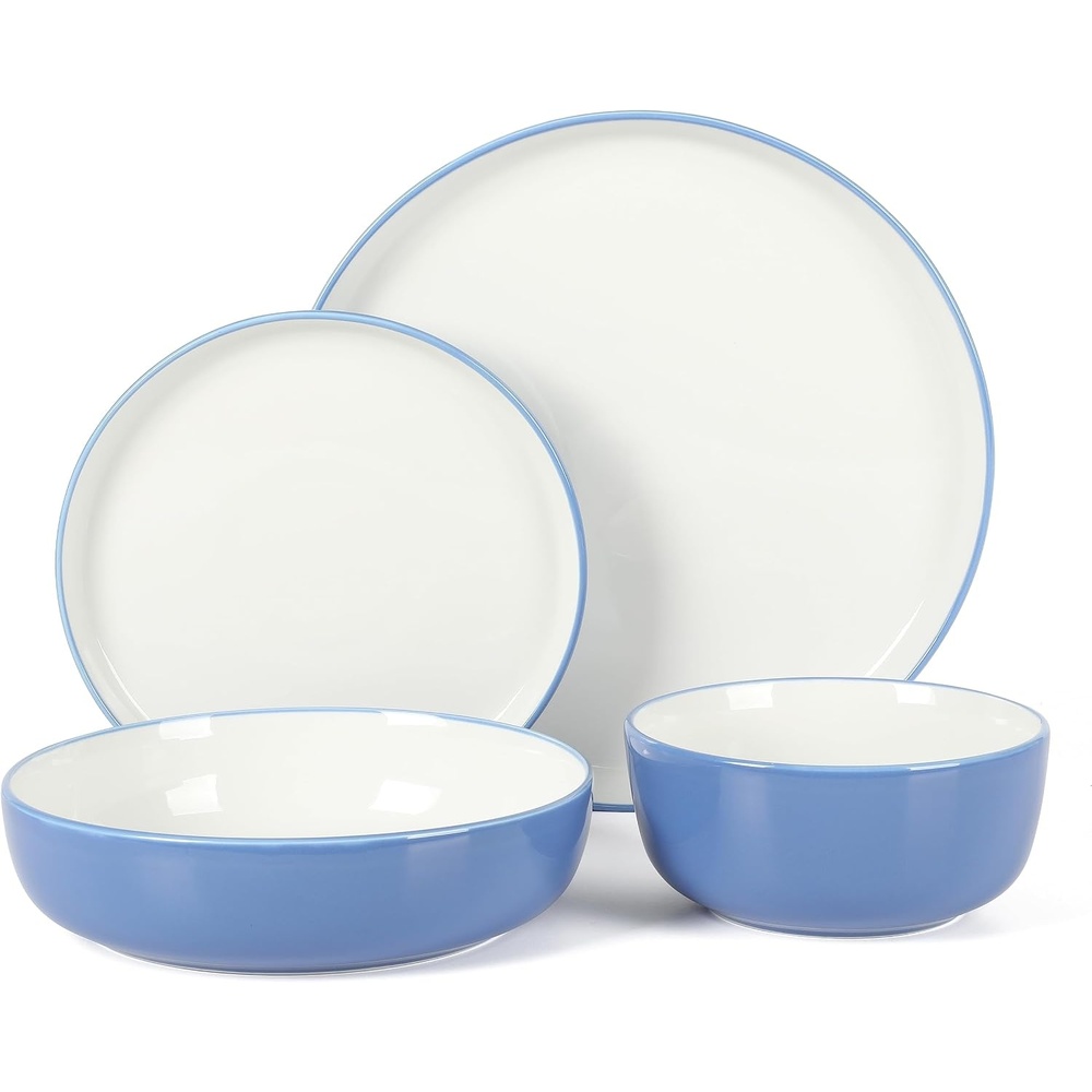 image:imageSur La Table Kitchen Essentials 16 Piece TwoTone Porcelain Chip and Scratch Resistant Dinnerware Plates and Bowls Set  GreenWhiteBlueWhite
