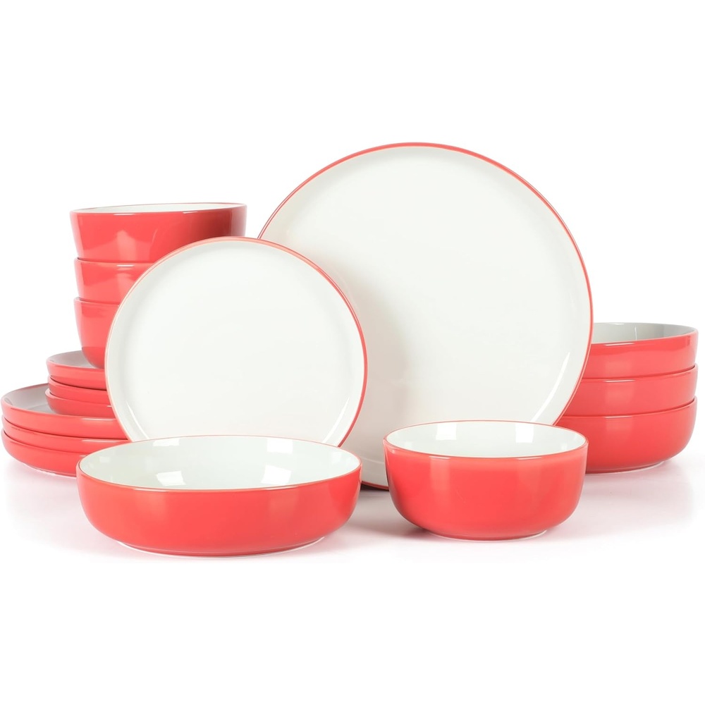 image:imageSur La Table Kitchen Essentials 16 Piece TwoTone Porcelain Chip and Scratch Resistant Dinnerware Plates and Bowls Set  GreenWhiteRedWhite