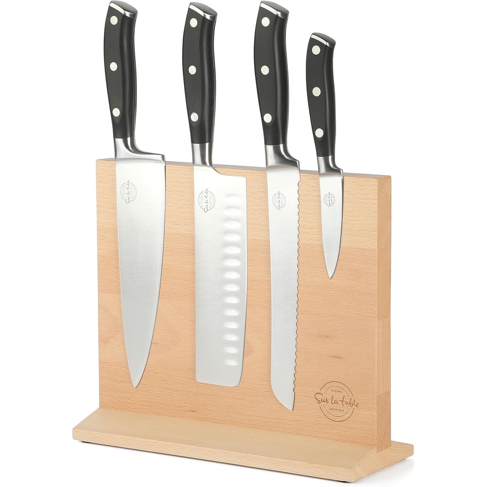 image:imageSur La Table Kitchen Essentials 5 Piece German Steel Blade wTriple Riveted Handle Set on Beechwood Magnetic Block Linen WhiteBlack 5pc Set