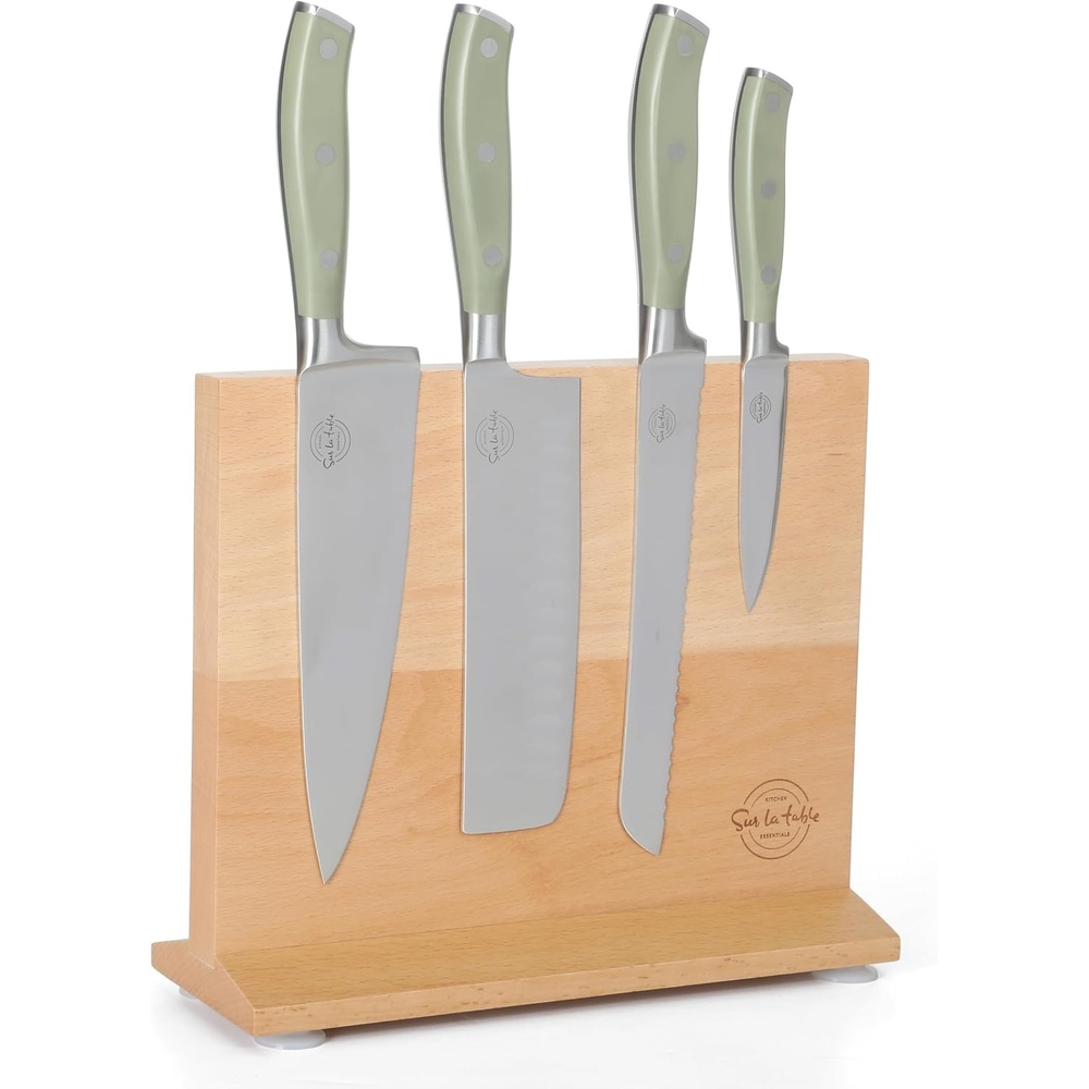 image:imageSur La Table Kitchen Essentials 5 Piece German Steel Blade wTriple Riveted Handle Set on Beechwood Magnetic Block Linen WhiteJuniper Green 5pc Set