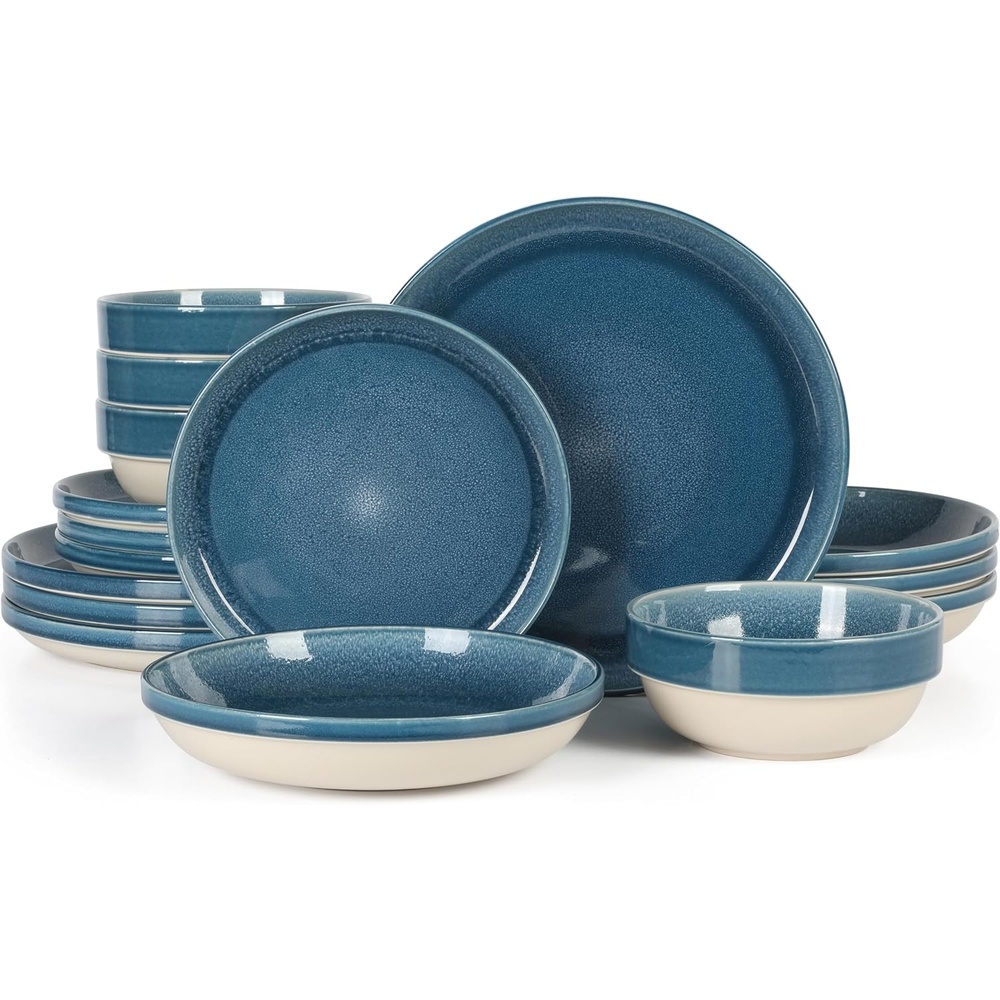 image:imageSur La Table Kitchen Essentials Banquette 16 Piece Double Bowl Plates and Bowls Reactive Glaze Stoneware Dinnerware Set  BlueBlue