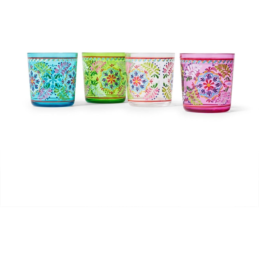 image:imageSur La Table Liliana Double OldFashioned Glasses Set of 4 12 oz Plastic Tumblers with Floral MajolicaInspired Design Durable for Outdoor Use Dishwasher