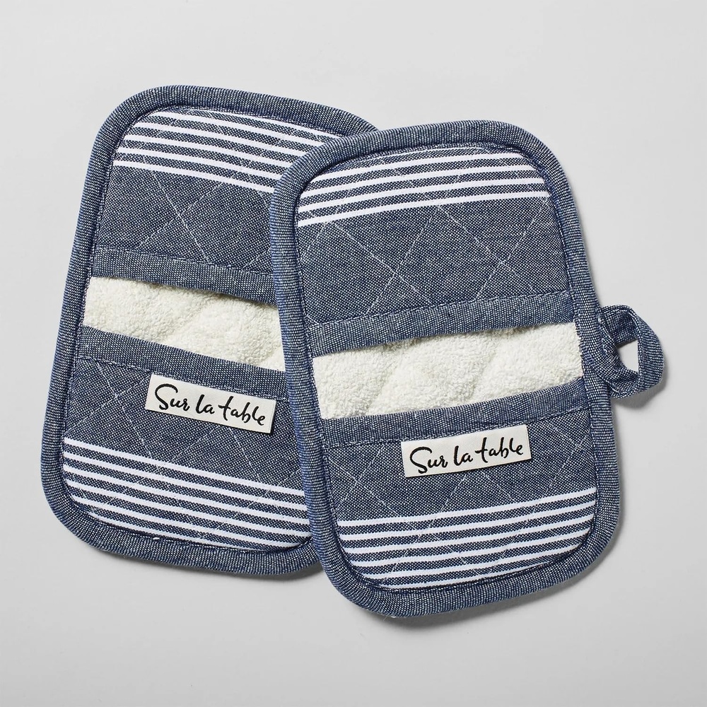 image:imageSur La Table Striped Mini Mitts Blue Set of 2 Silicone and Cotton with Classic Stripe Pattern and Nonslip Grip Set of 2